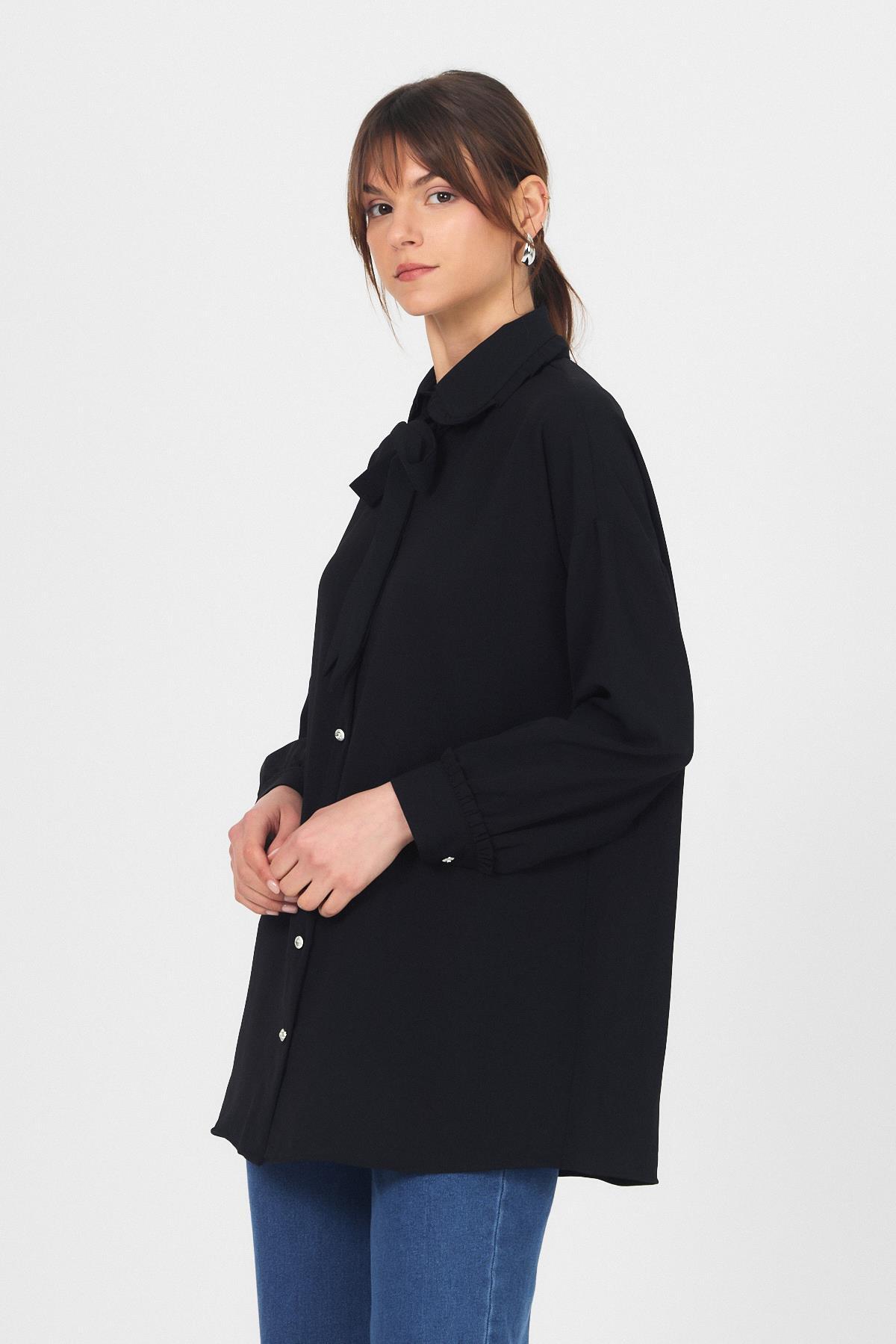 Siyah Fırfır Yaka Detaylı Bağlamalı Tunik 4586A - 7