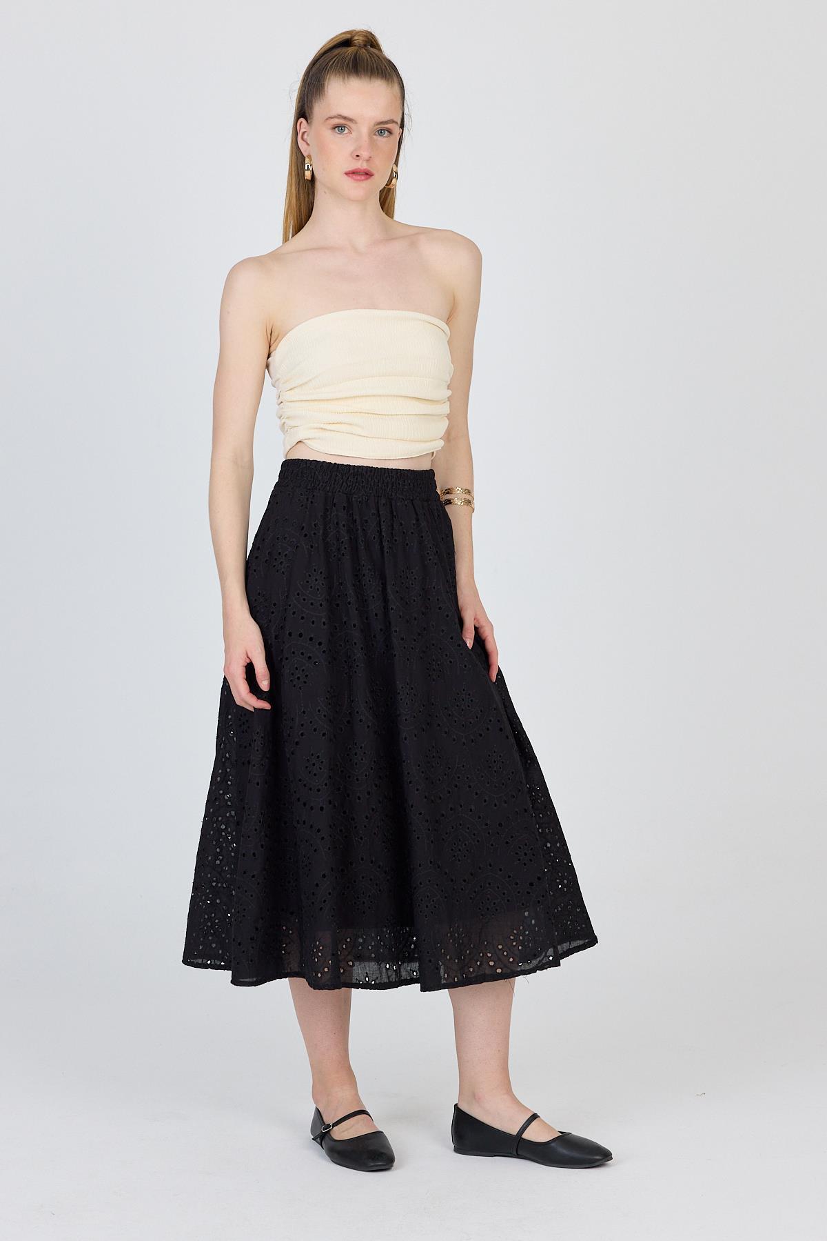 Siyah Fisto Detaylı Midi Etek 4762A 