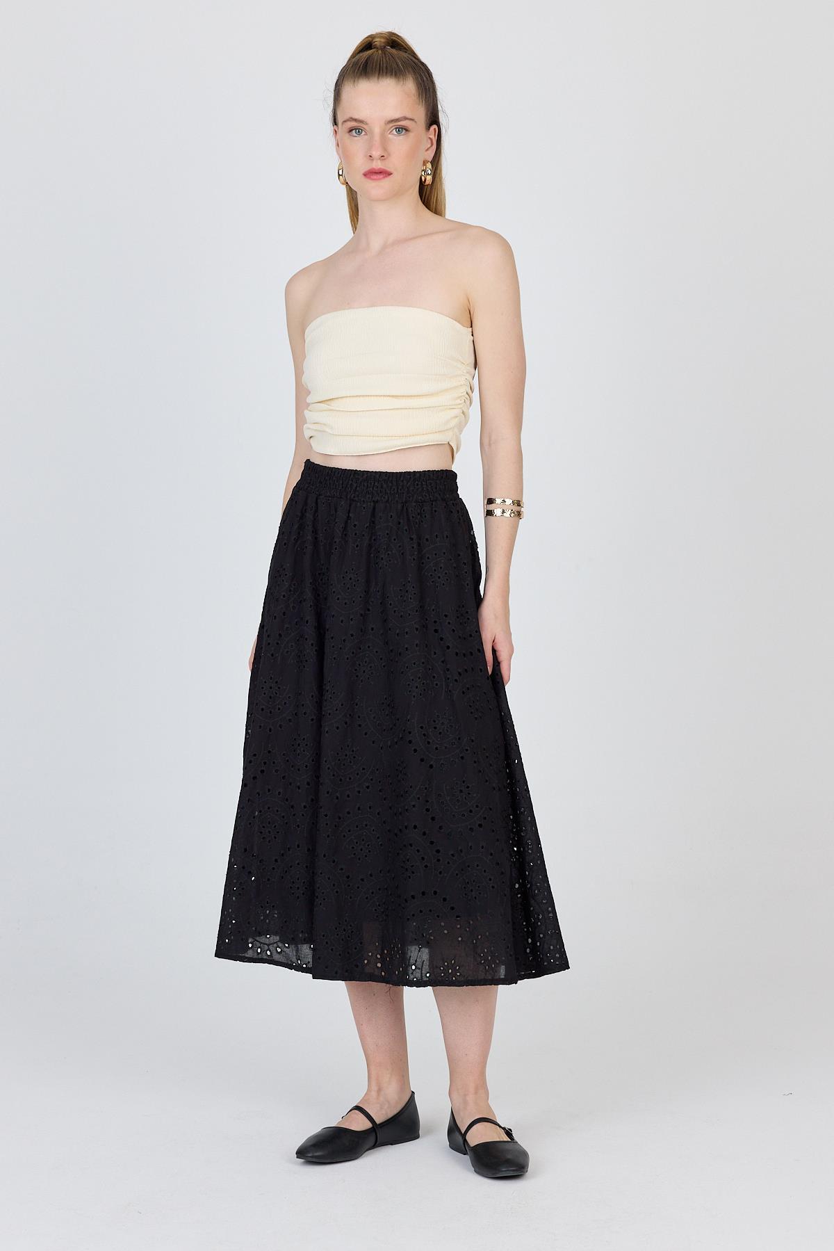 Siyah Fisto Detaylı Midi Etek 4762A - 8