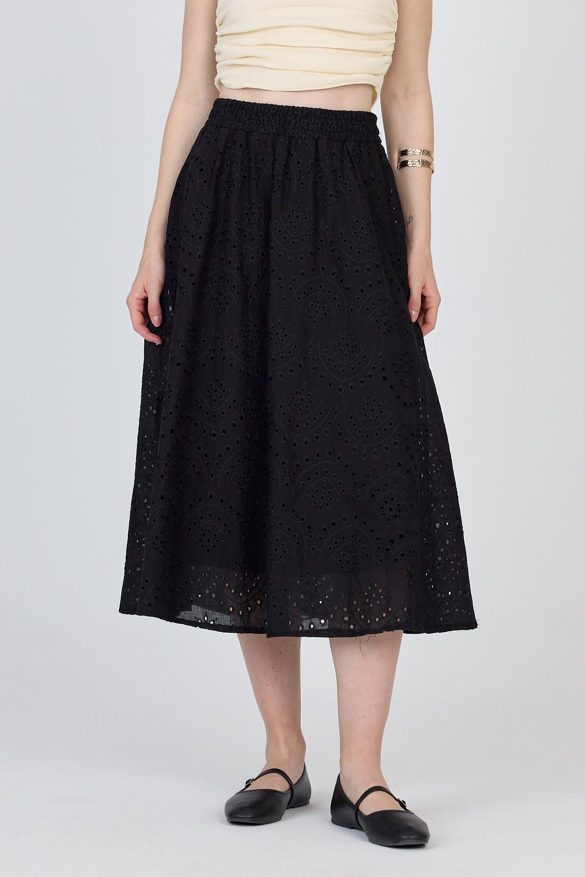 Siyah Fisto Detaylı Midi Etek 4762A - 2