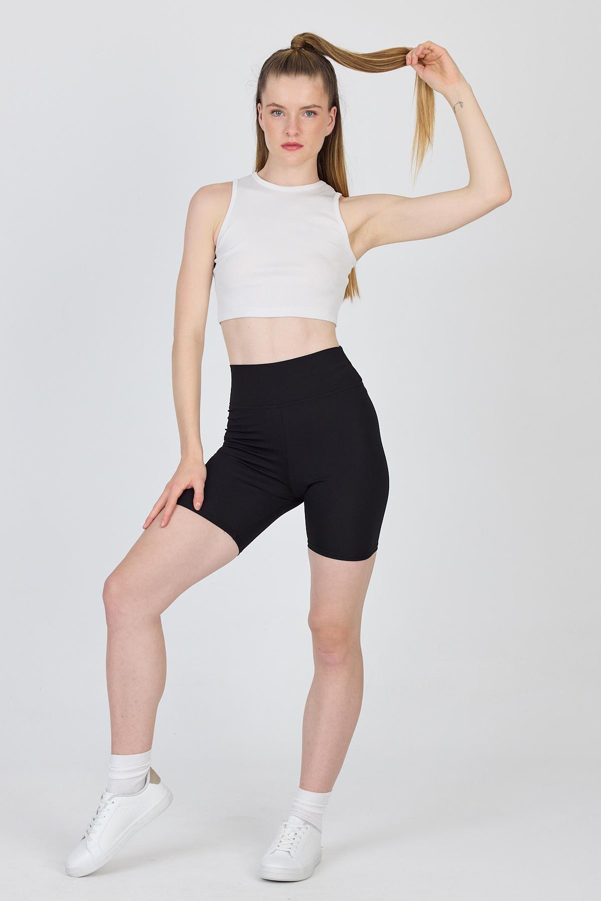 Siyah Fitilli Biker Şort Tayt 3005 - 7