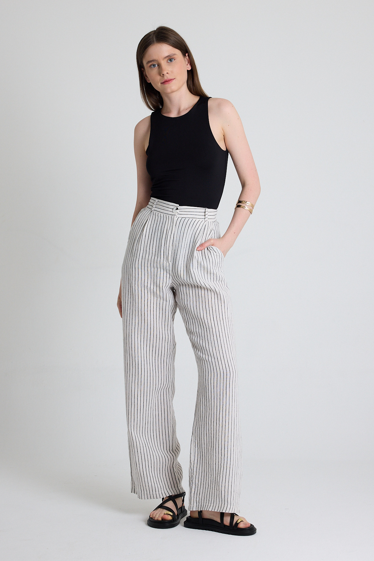 Siyah Geniş Paça Çizgili Pantolon 2334 - 3