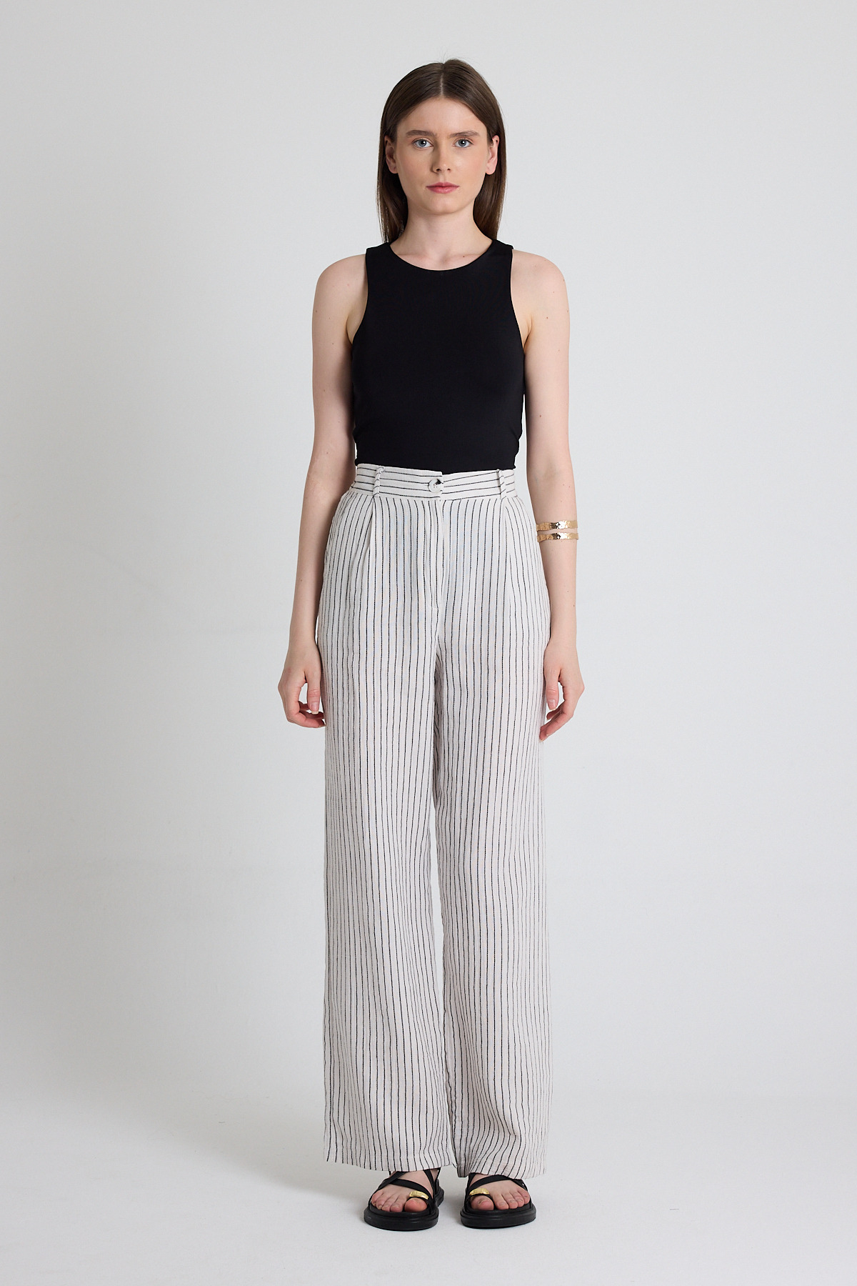 Siyah Geniş Paça Çizgili Pantolon 2334 