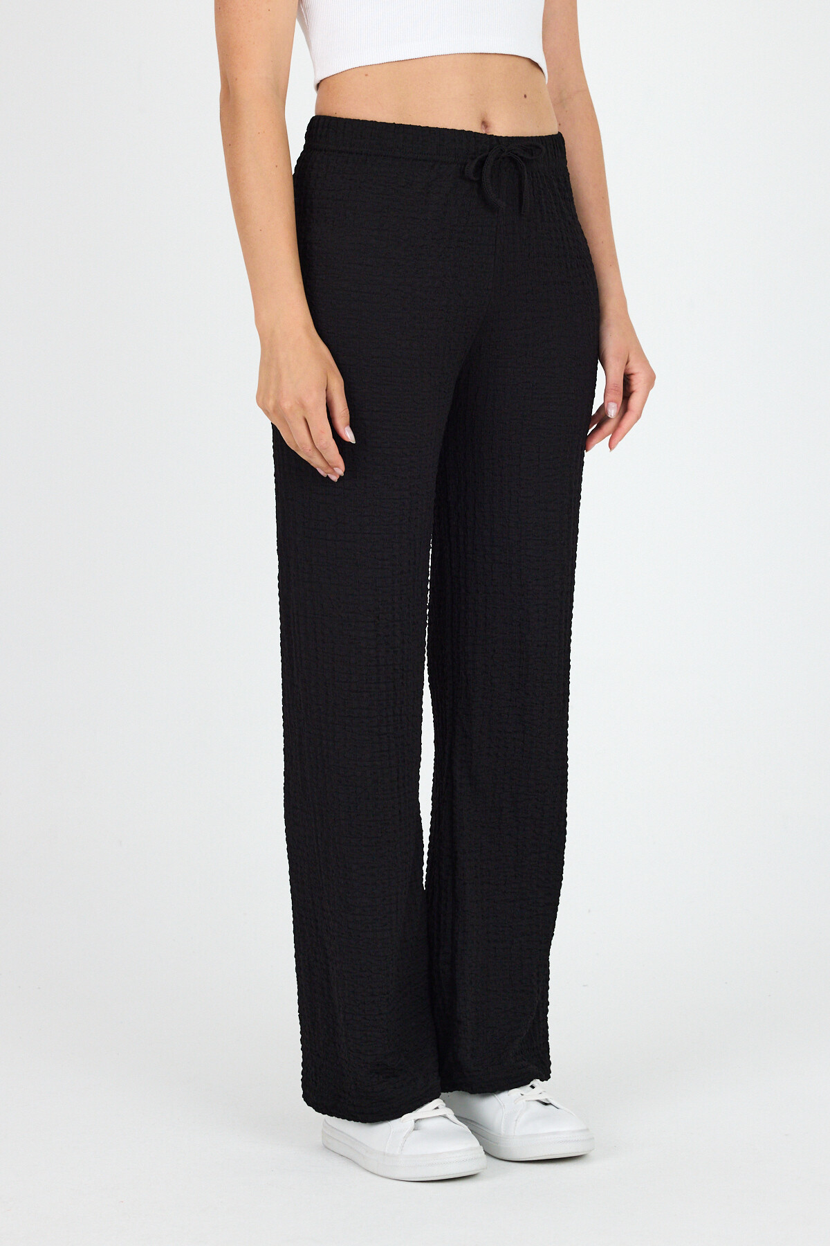 Siyah Geniş Paça Dökümlü Bürümcük Kumaş Pantolon 326 - RAYS