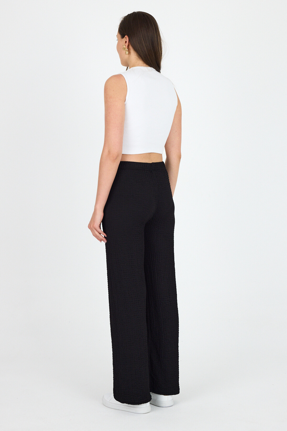 Siyah Geniş Paça Dökümlü Bürümcük Kumaş Pantolon 326 - 7