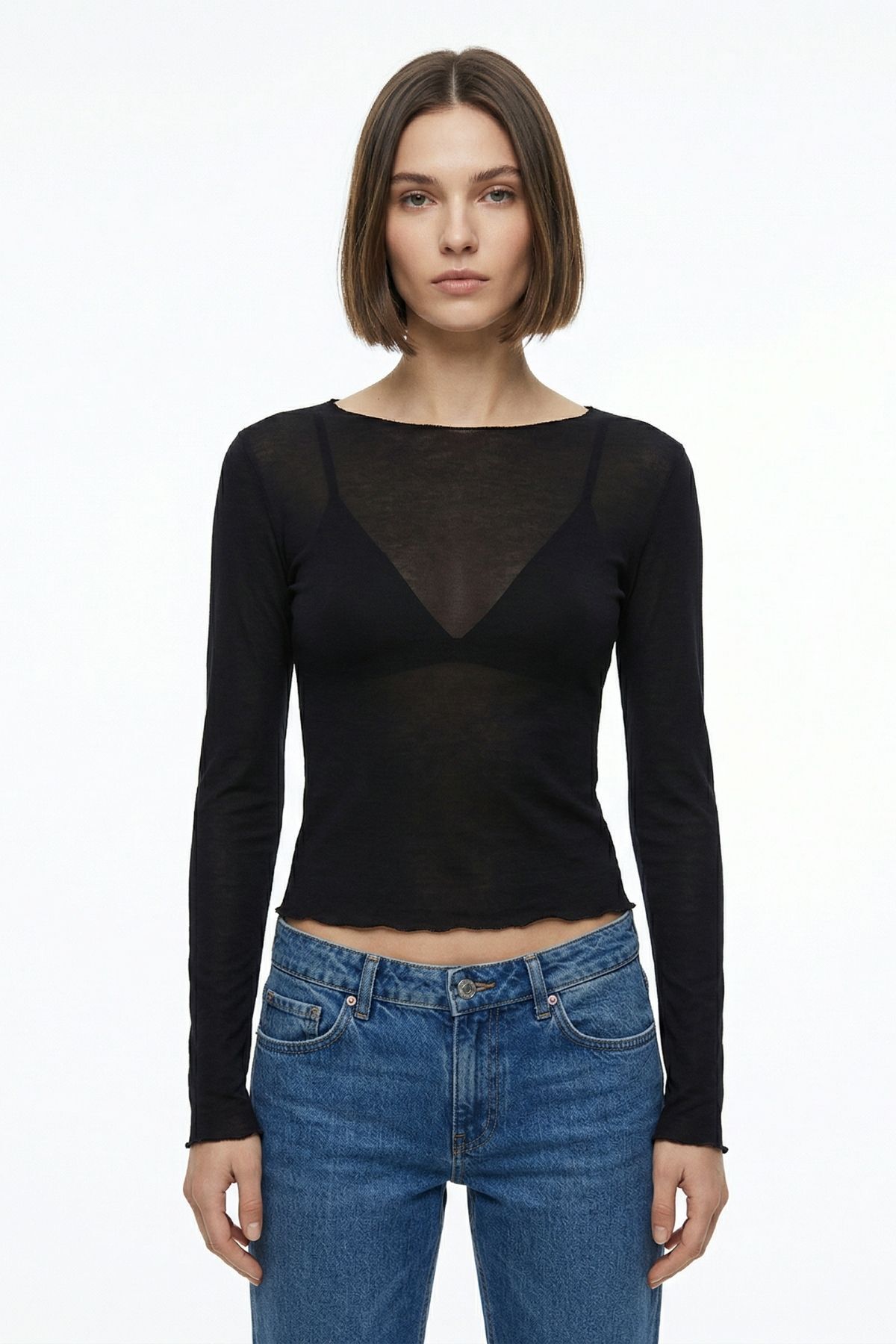 Siyah Geniş Yaka Transparan Bluz 0416 - RAYS