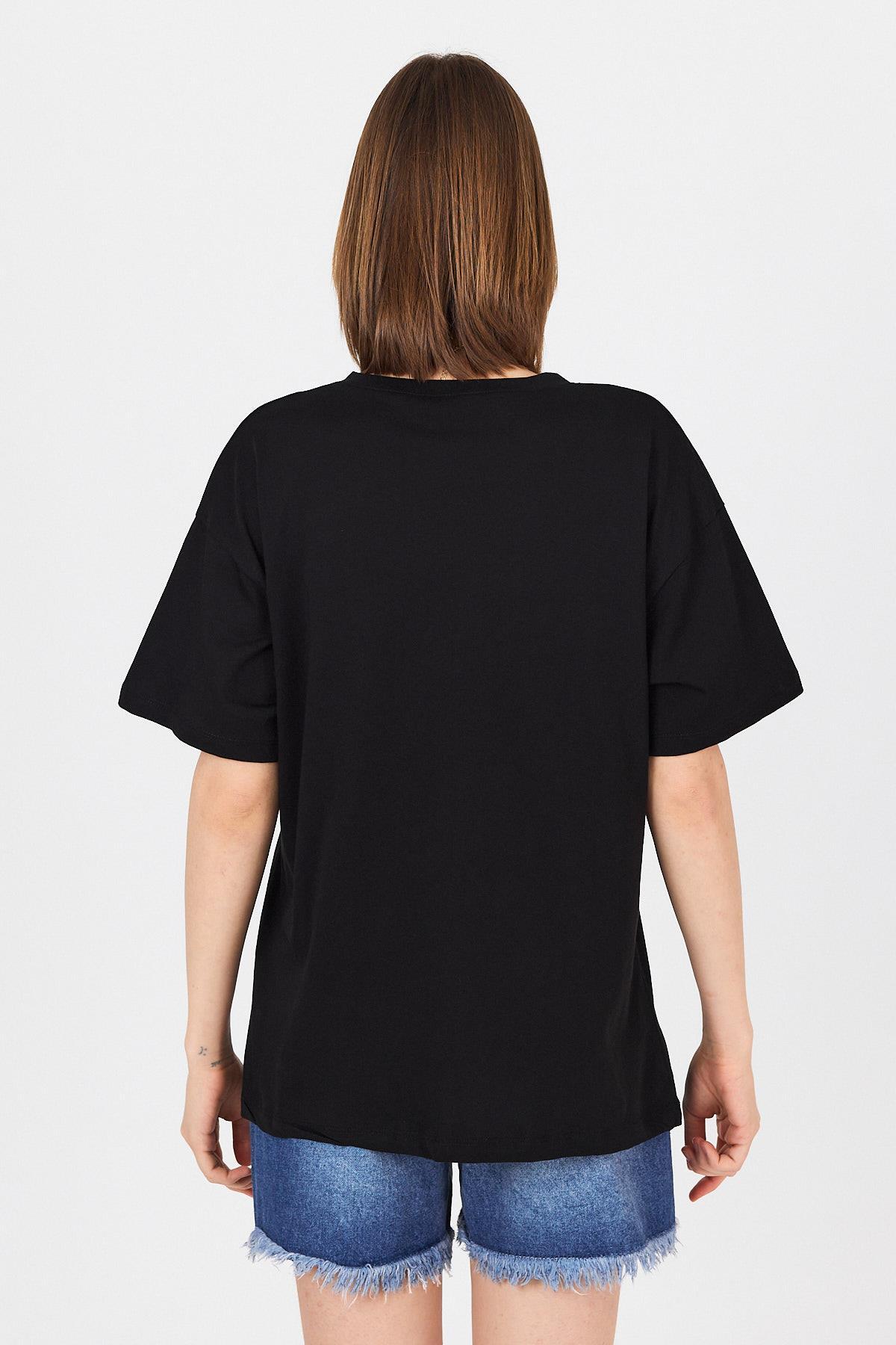 Siyah Göğüs Yazı Baskılı Pamuklu Oversize Tişört 2150-31M - 5