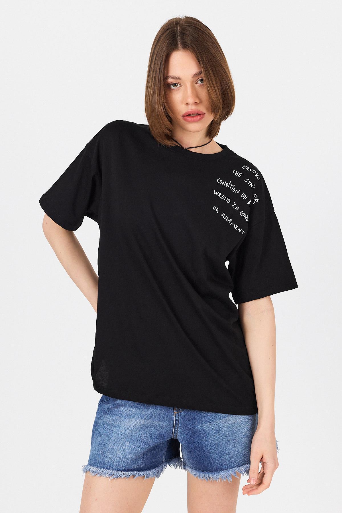 Siyah Göğüs Yazı Baskılı Pamuklu Oversize Tişört 2150-31M - 3