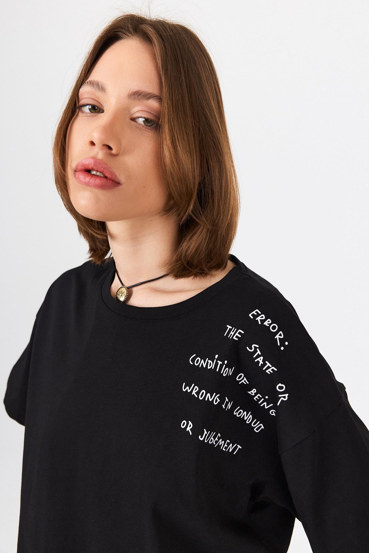 Siyah Göğüs Yazı Baskılı Pamuklu Oversize Tişört 2150-31M - 4