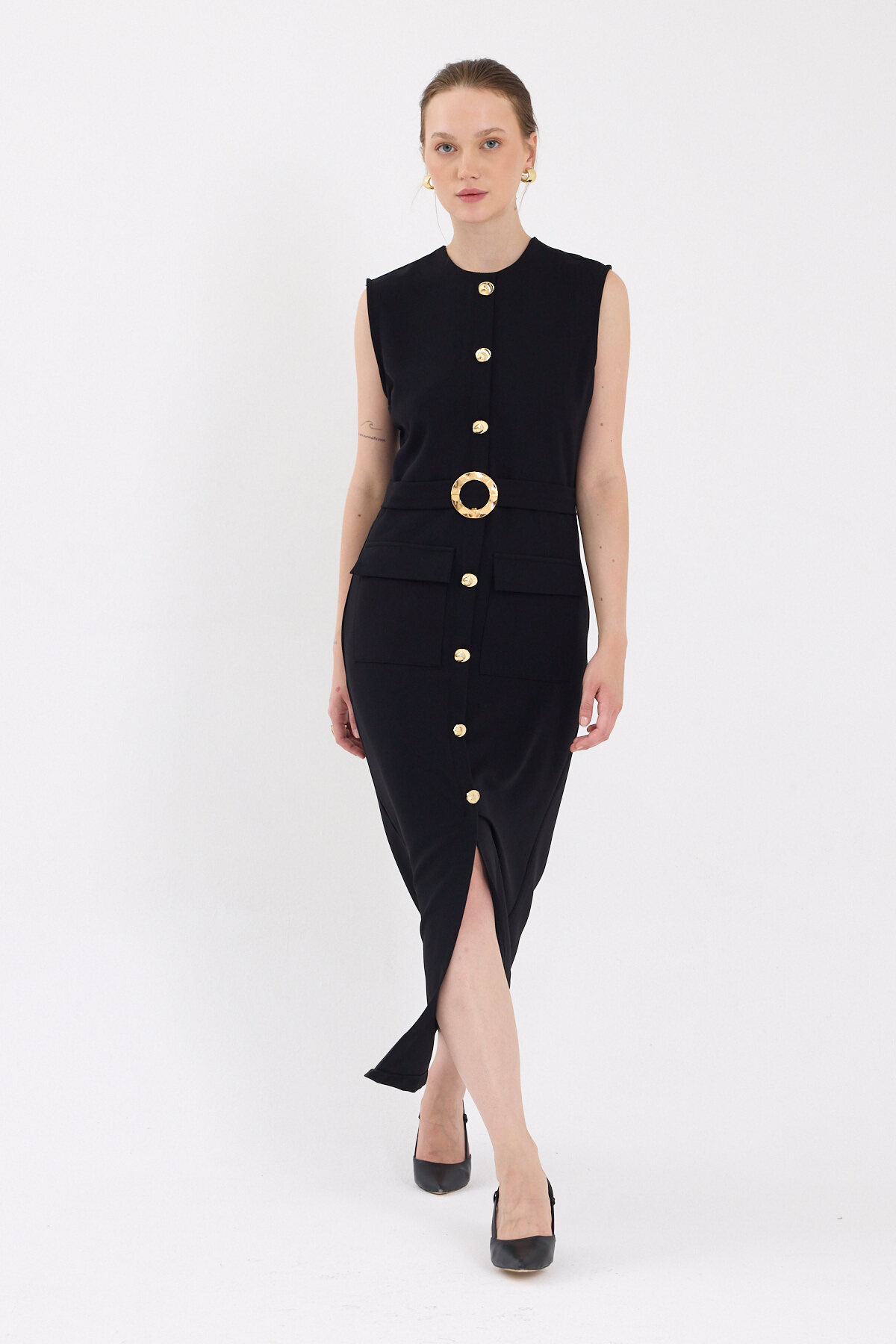 Siyah Gold Düğme Detaylı Kemerli Midi Elbise 8085A - RAYS