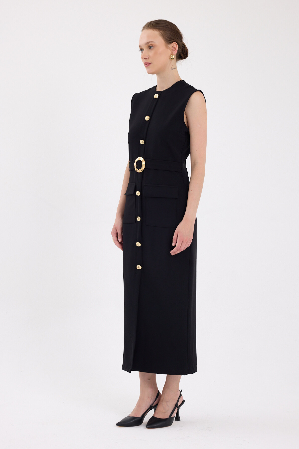 Siyah Gold Düğme Detaylı Kemerli Midi Elbise 8085A - 3