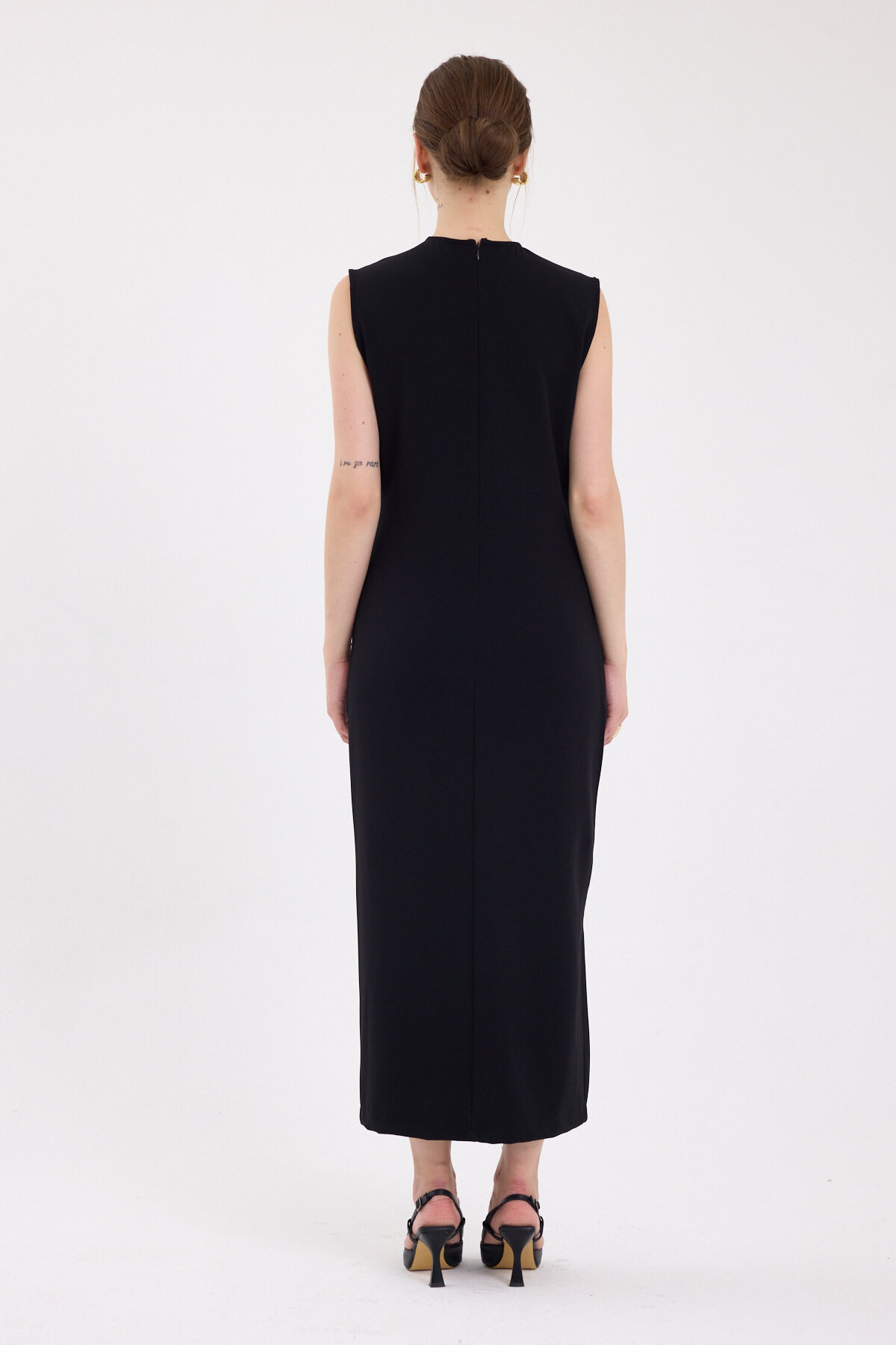 Siyah Gold Düğme Detaylı Kemerli Midi Elbise 8085A - 5