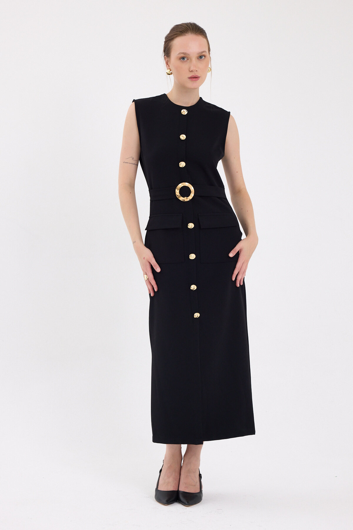 Siyah Gold Düğme Detaylı Kemerli Midi Elbise 8085A - 6