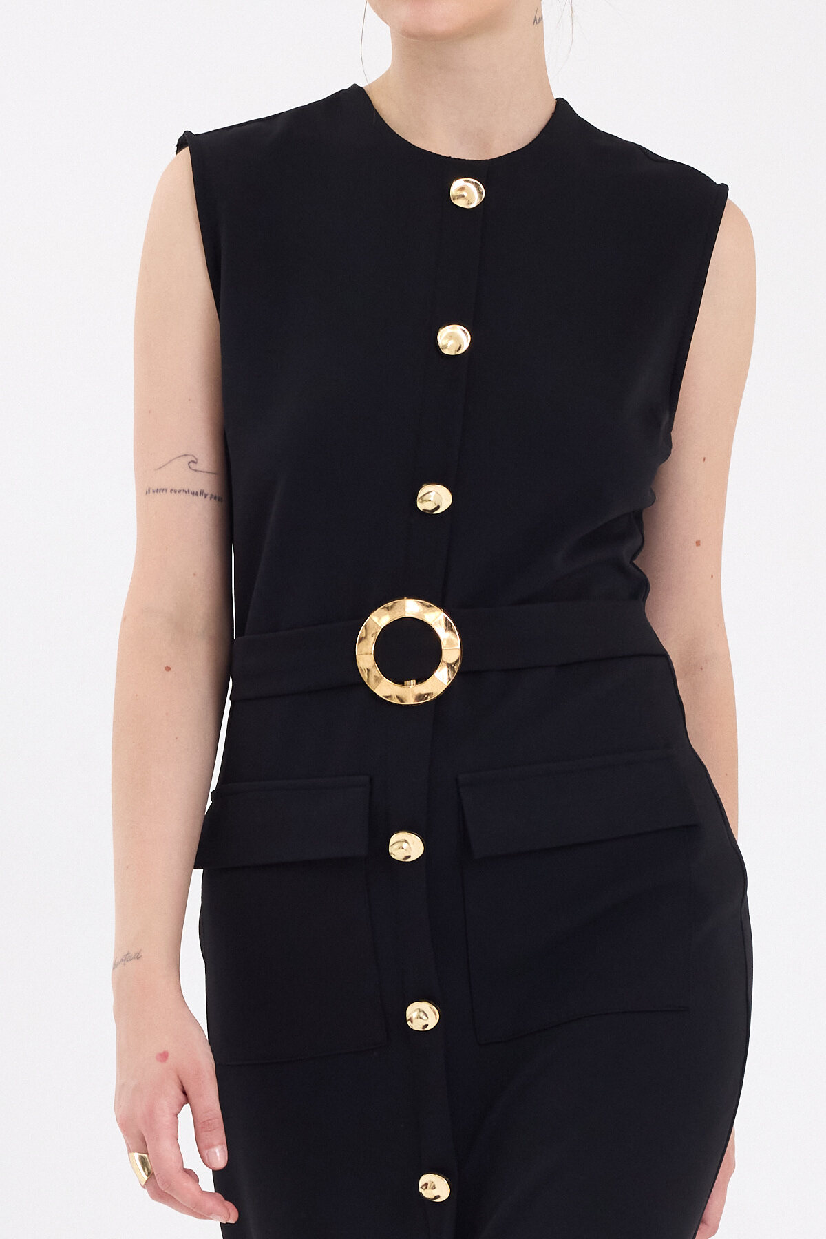 Siyah Gold Düğme Detaylı Kemerli Midi Elbise 8085A - 4