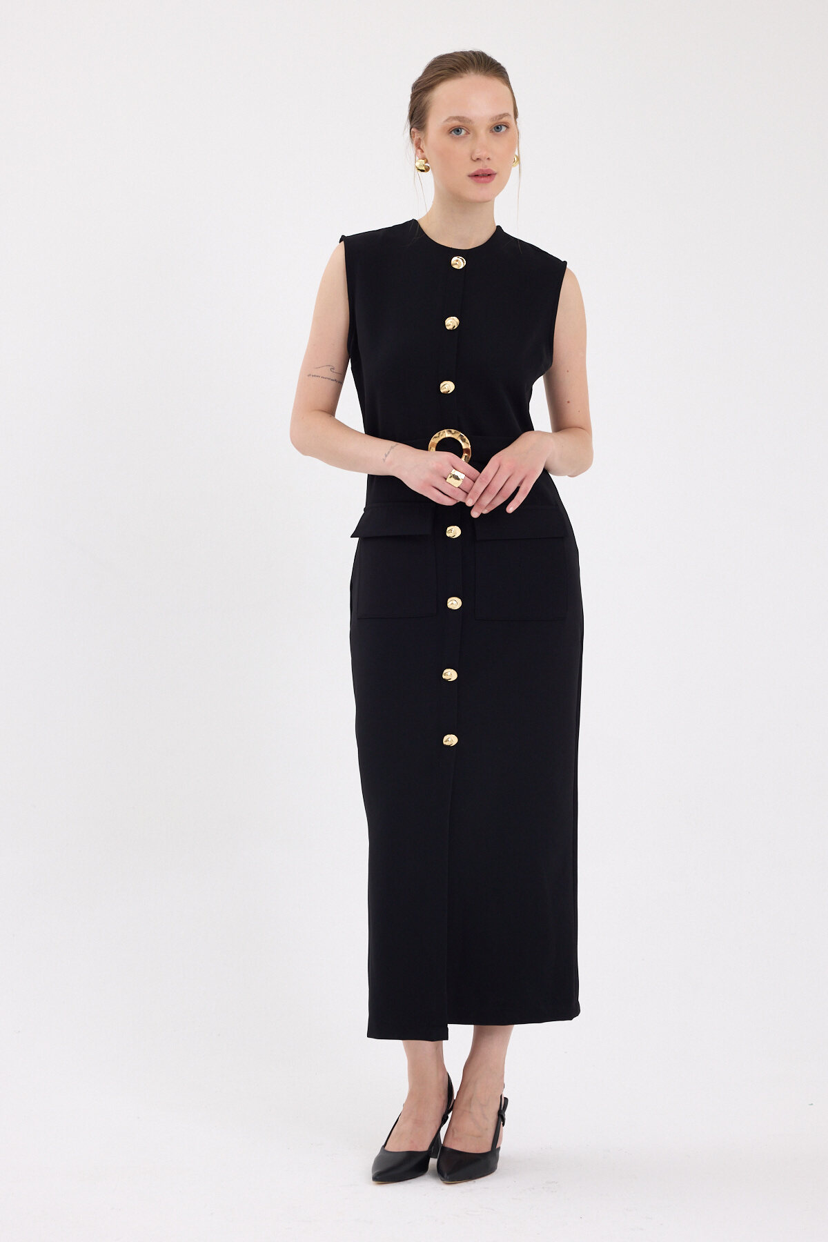 Siyah Gold Düğme Detaylı Kemerli Midi Elbise 8085A - 7