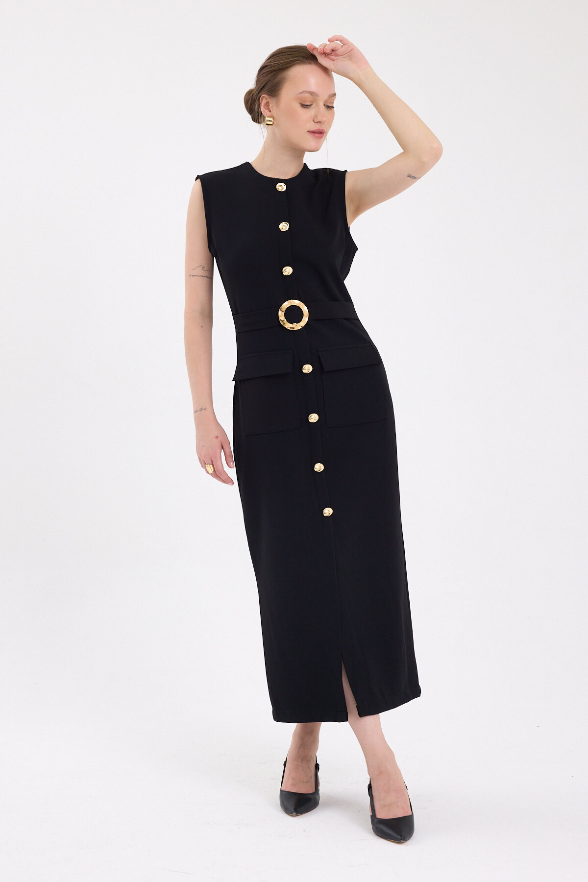 Siyah Gold Düğme Detaylı Kemerli Midi Elbise 8085A 