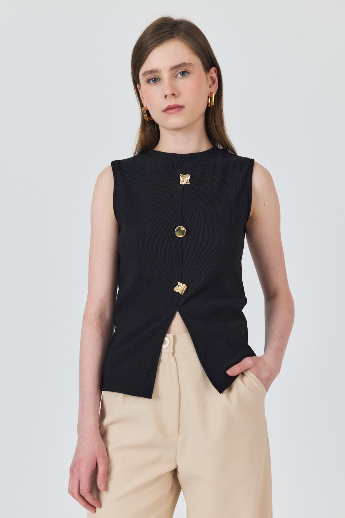 Siyah Gold Düğme Detaylı Kolsuz Bluz 2203 - 1