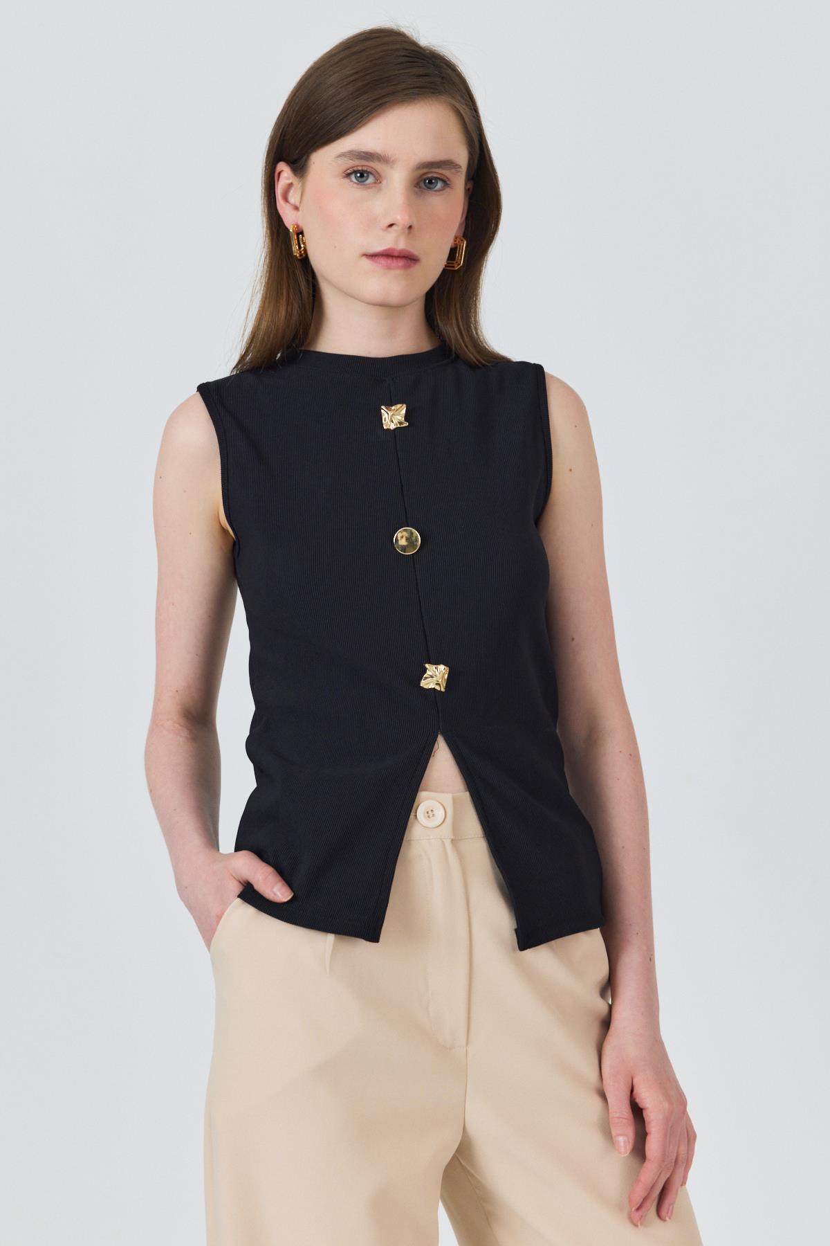 Siyah Gold Düğme Detaylı Kolsuz Bluz 2203 - 3