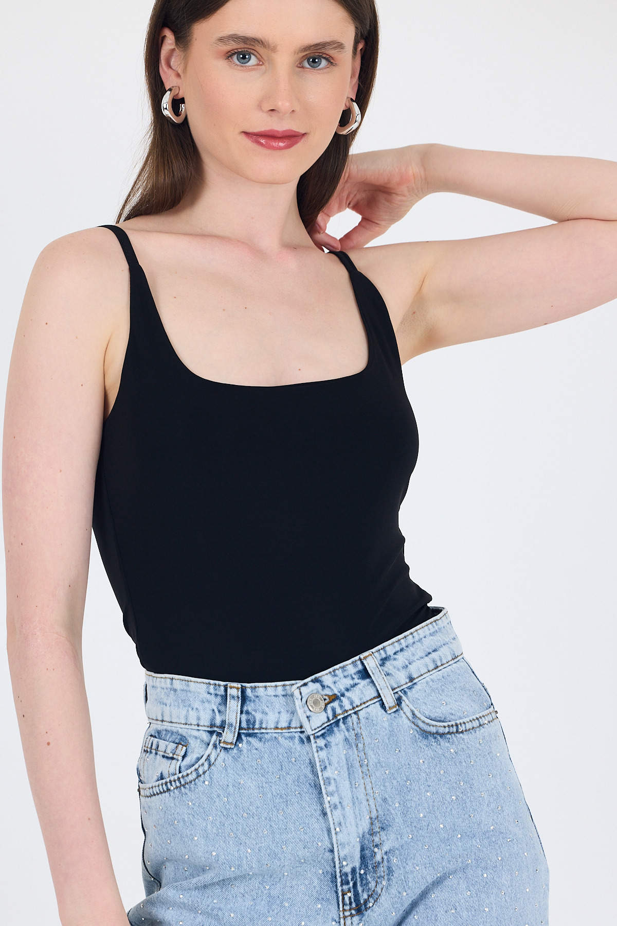 Siyah İnce Askılı Çıtçıtlı Bodysuit 13255 