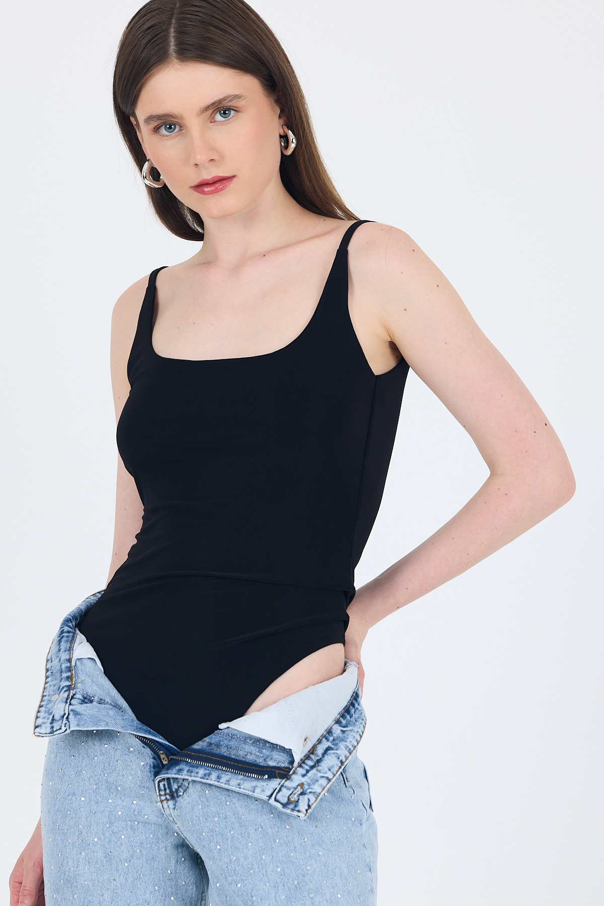 Siyah İnce Askılı Çıtçıtlı Bodysuit 13255 - RAYS