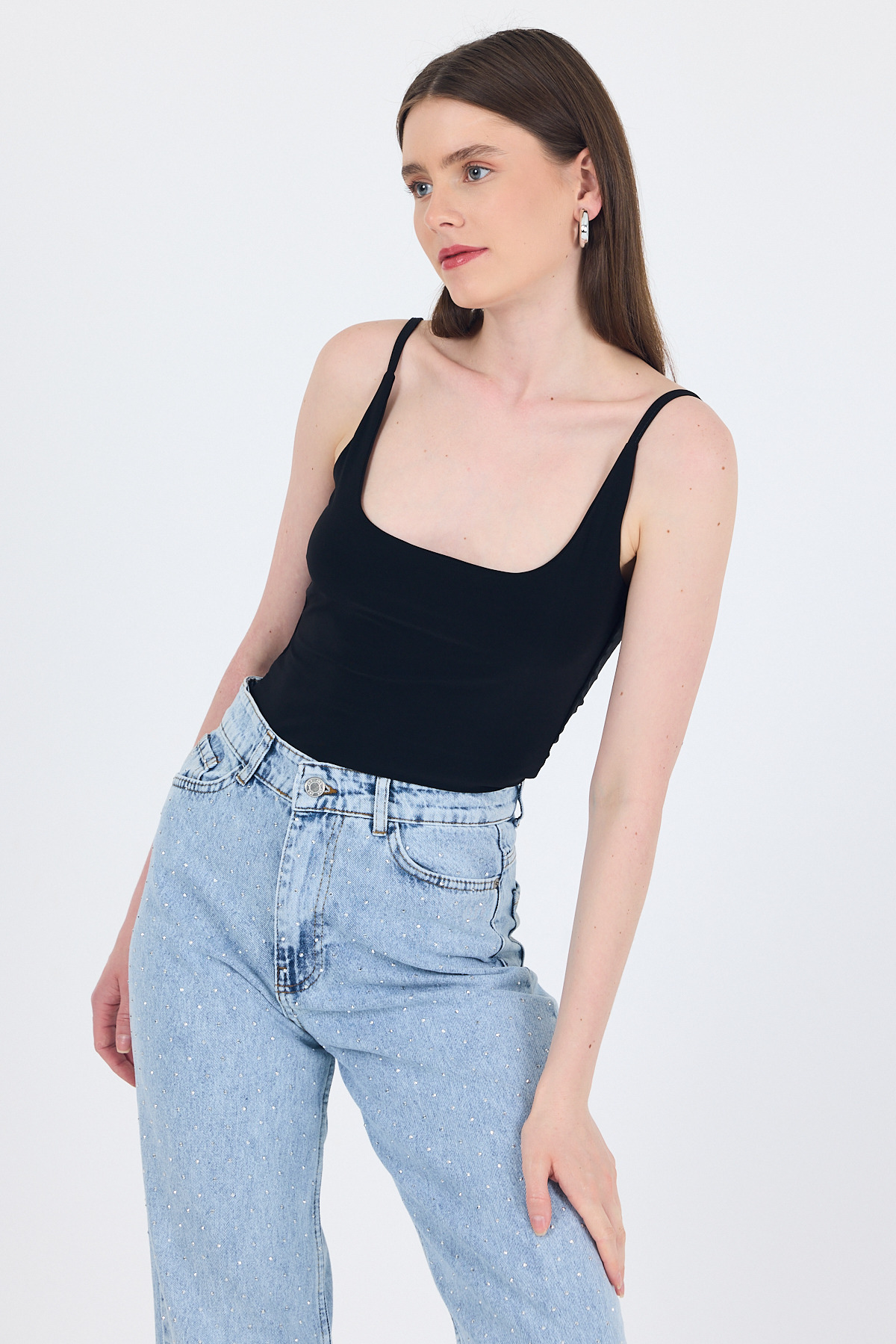 Siyah İnce Askılı Çıtçıtlı Bodysuit 13255 - 6