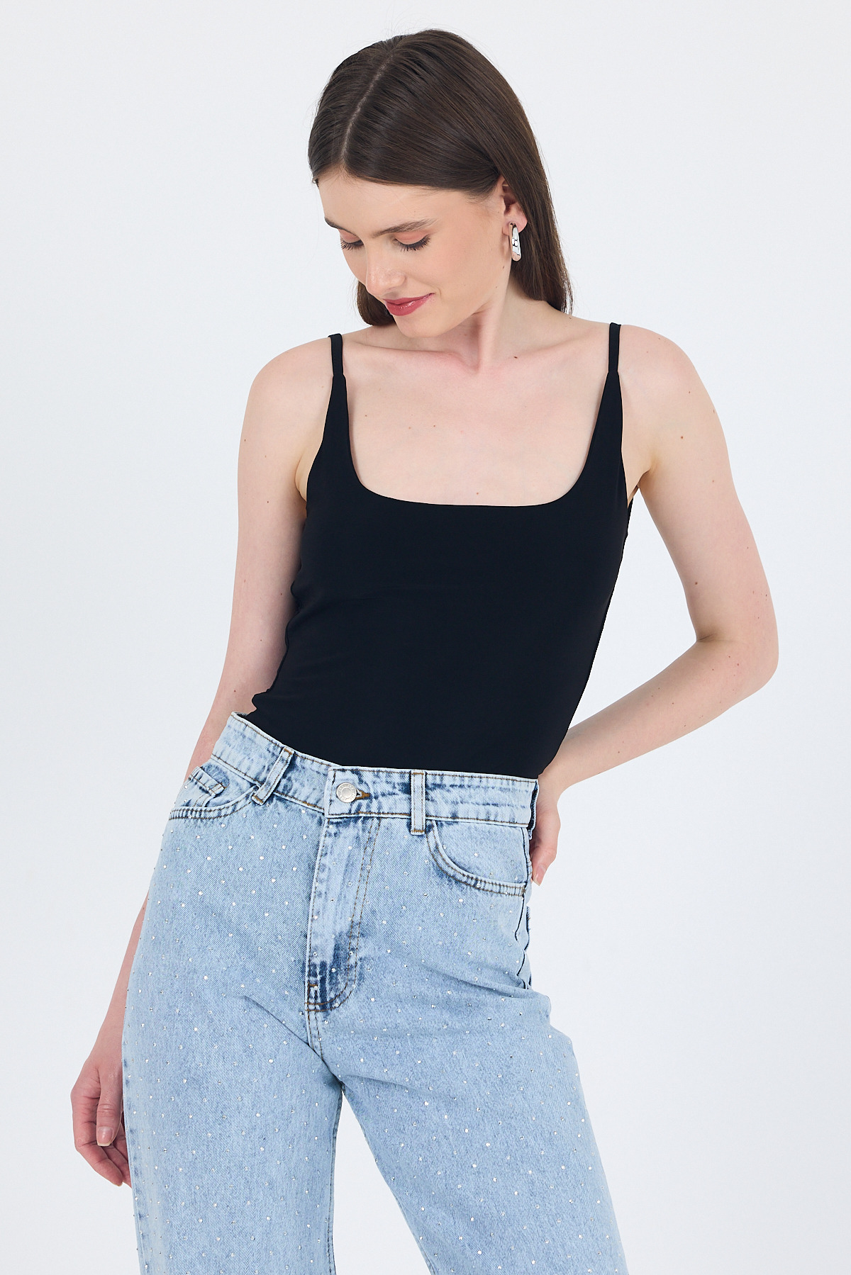 Siyah İnce Askılı Çıtçıtlı Bodysuit 13255 - RAYS