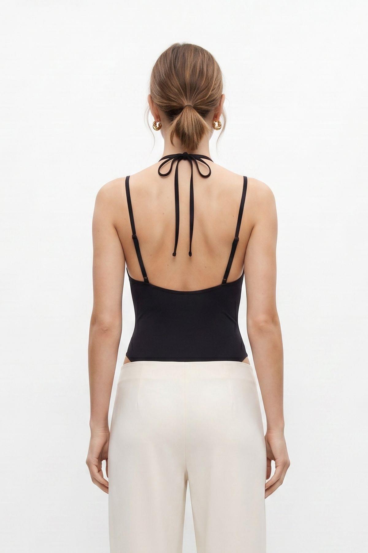 İnce Askılı Dantel Detaylı Çıtçıtlı Bodysuit 3235 Siyah - RAYS