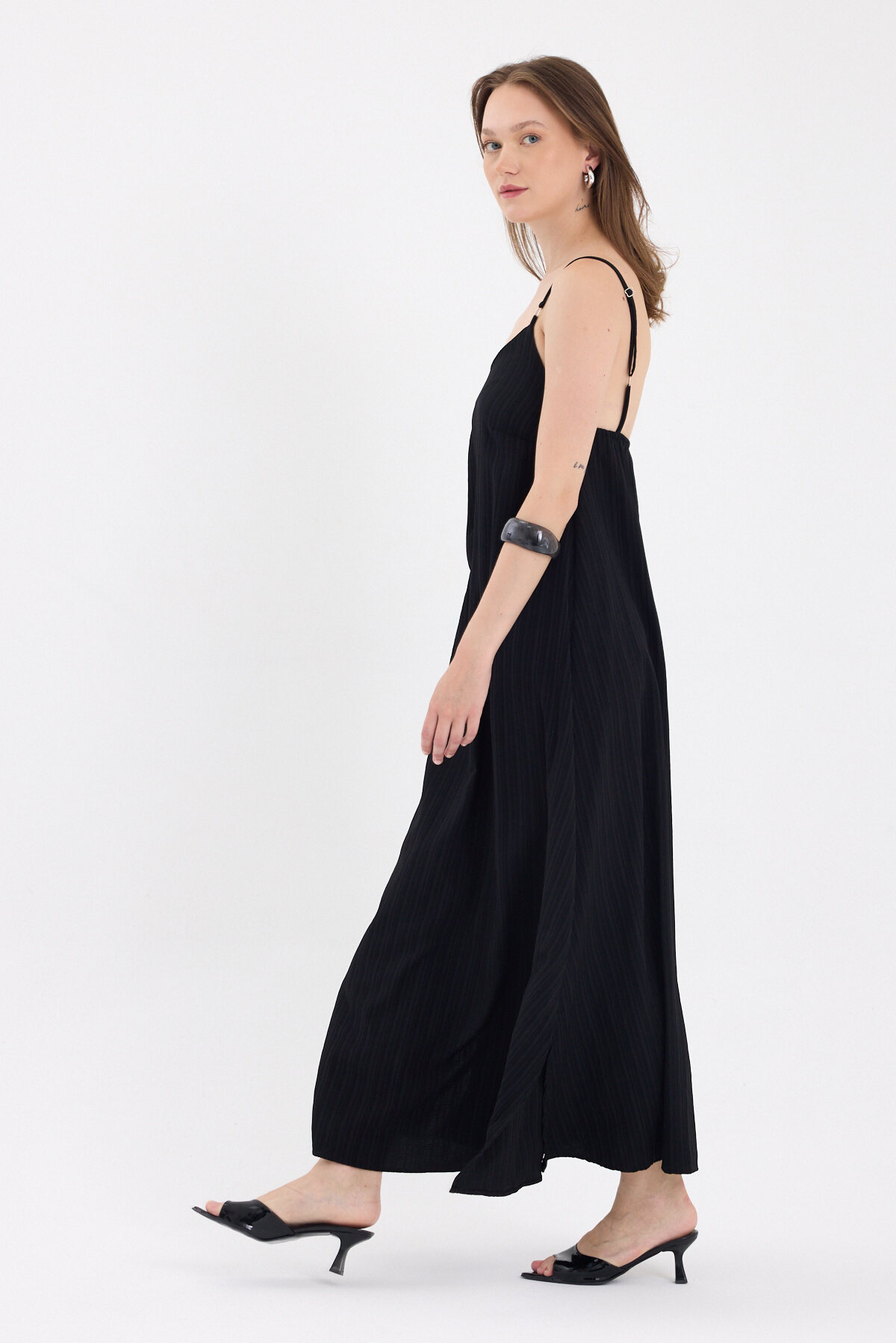 Siyah İnce Askılı V Yaka Uzun Elbise 8026A - RAYS