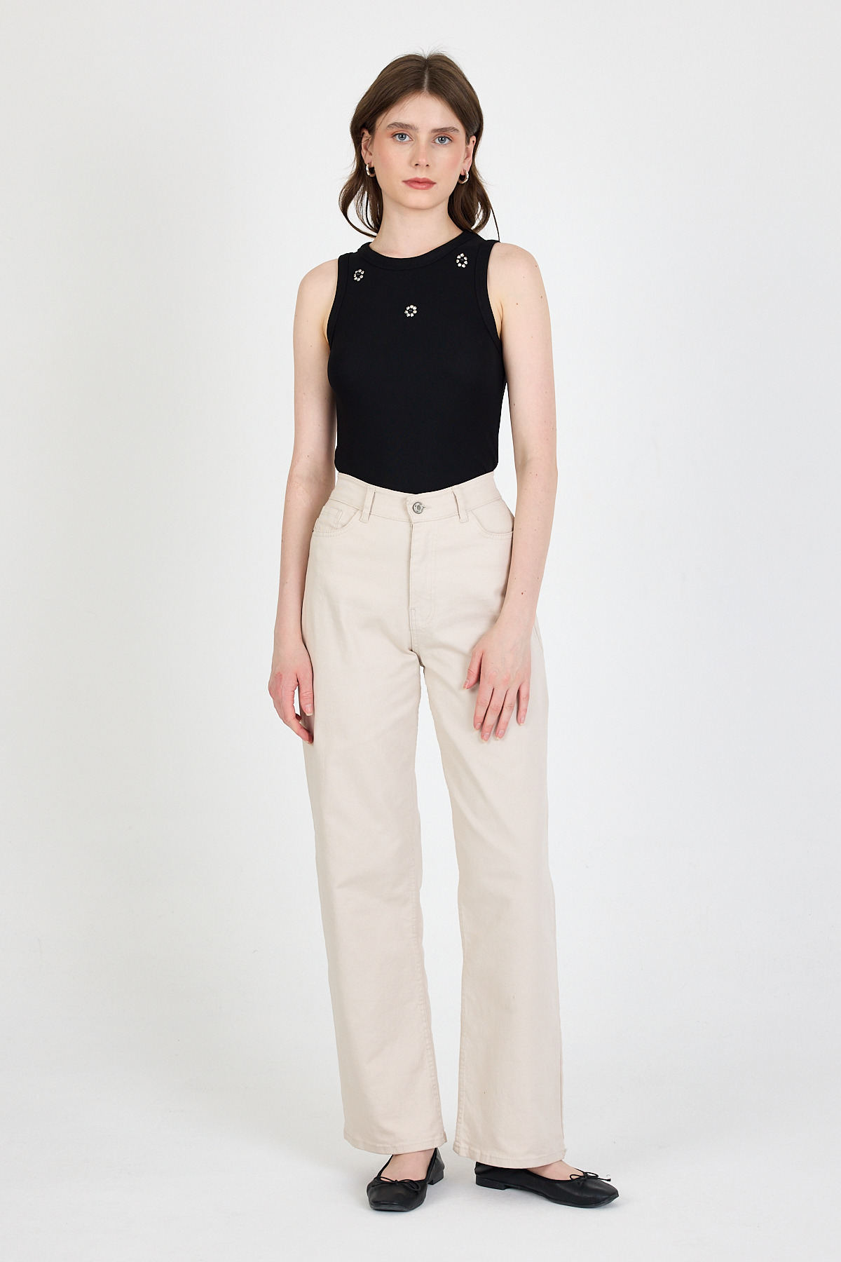 Siyah İnci Taş Detaylı Halter Yaka Ribanalı Atlet 0649 - RAYS