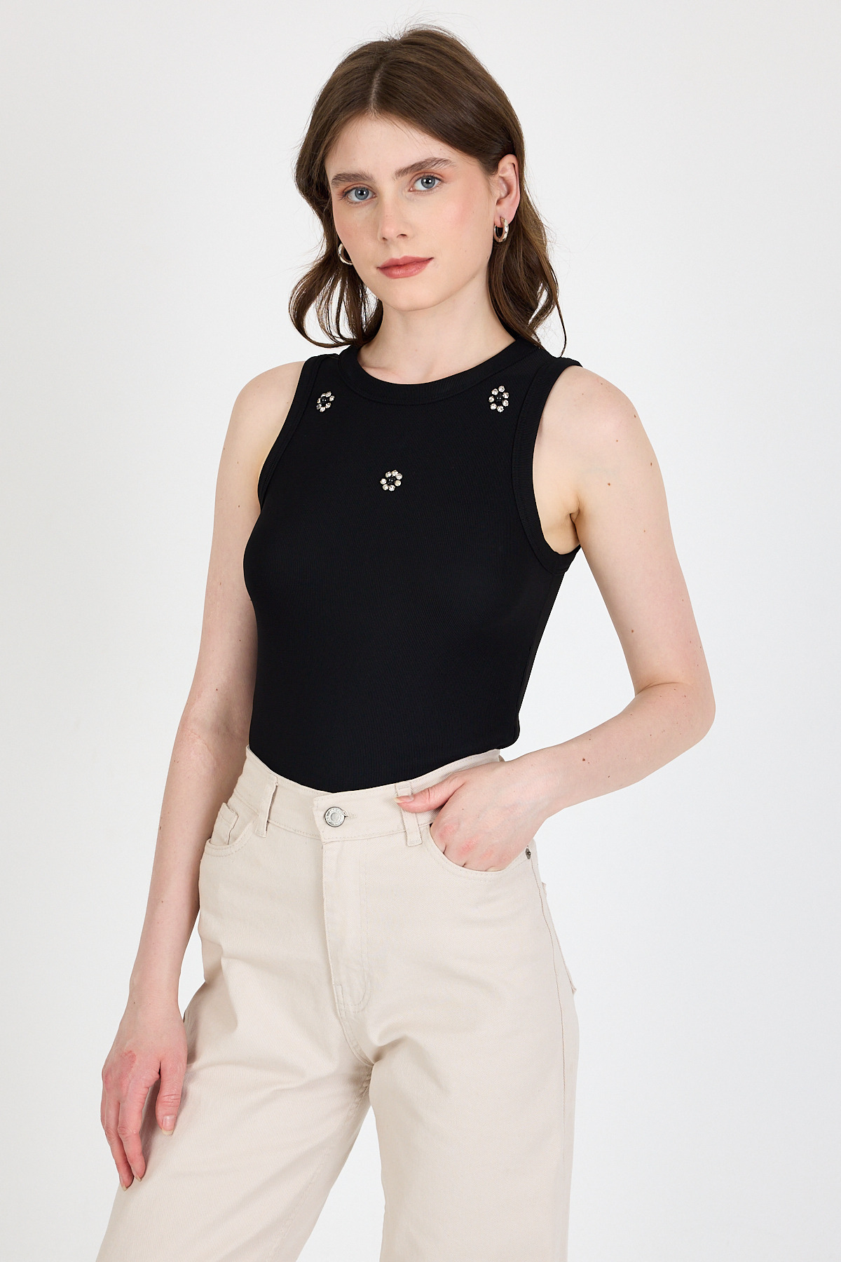 Siyah İnci Taş Detaylı Halter Yaka Ribanalı Atlet 0649 - RAYS