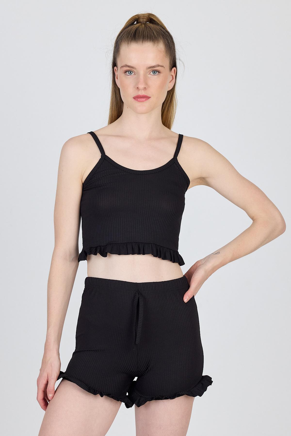 Siyah İp Askılı Fırfırlı Şortlu Takım 0703 