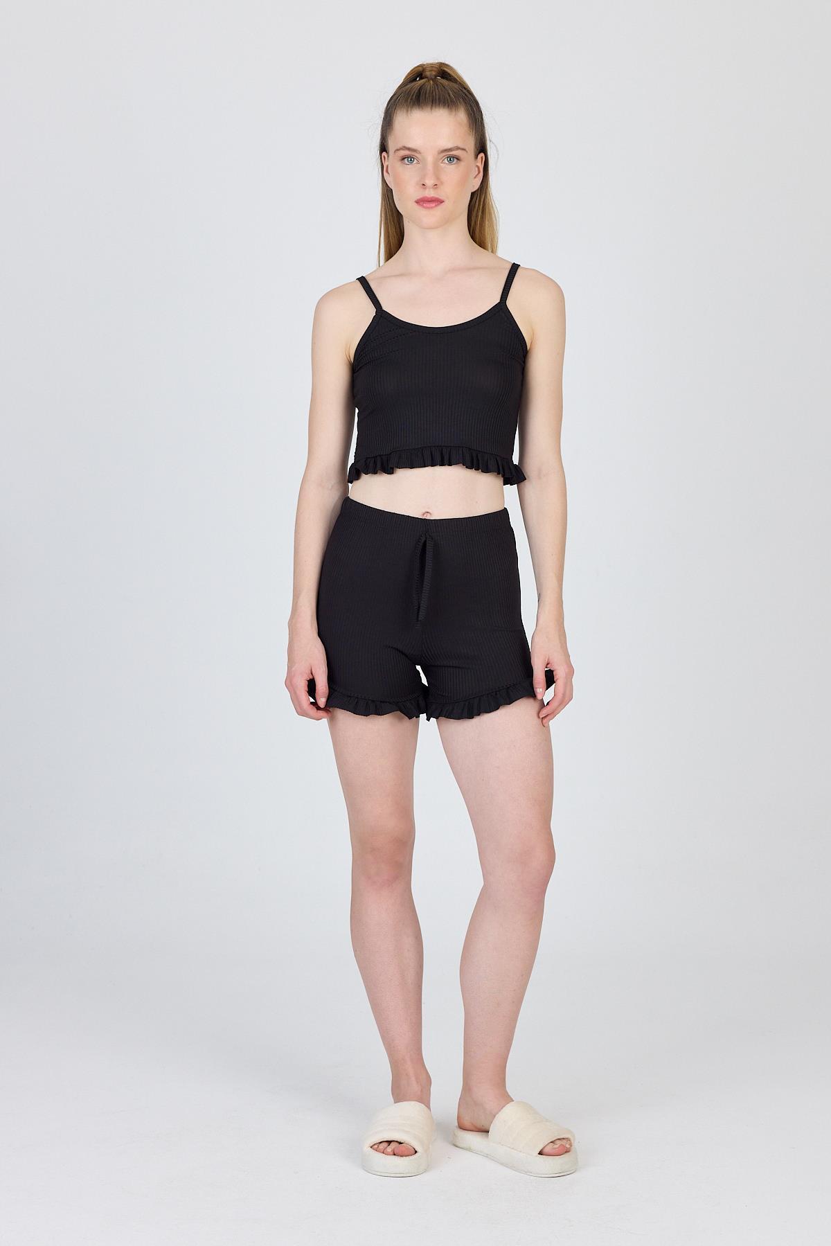 Siyah İp Askılı Fırfırlı Şortlu Takım 0703 - 3