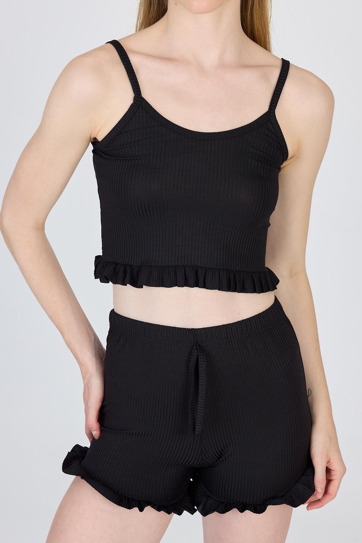 Siyah İp Askılı Fırfırlı Şortlu Takım 0703 - 4