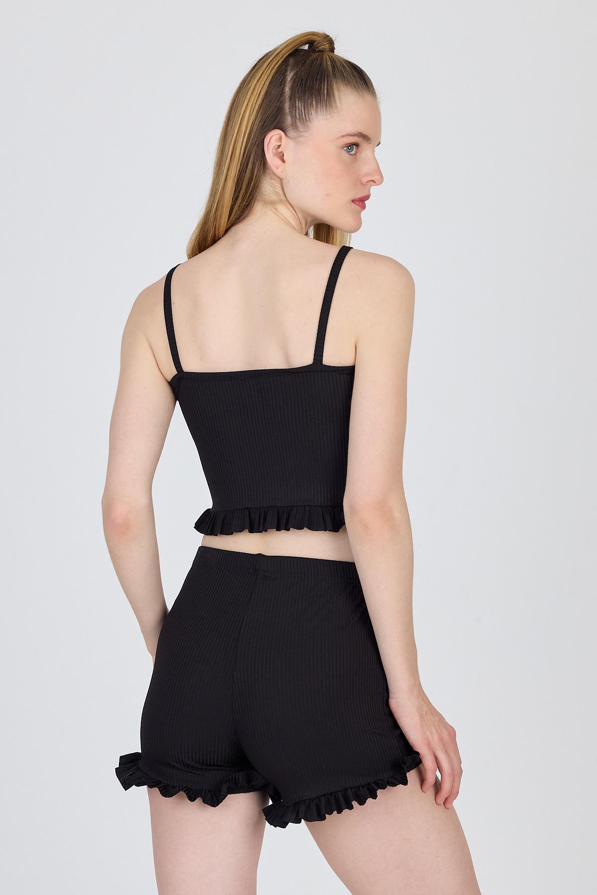 Siyah İp Askılı Fırfırlı Şortlu Takım 0703 - 5