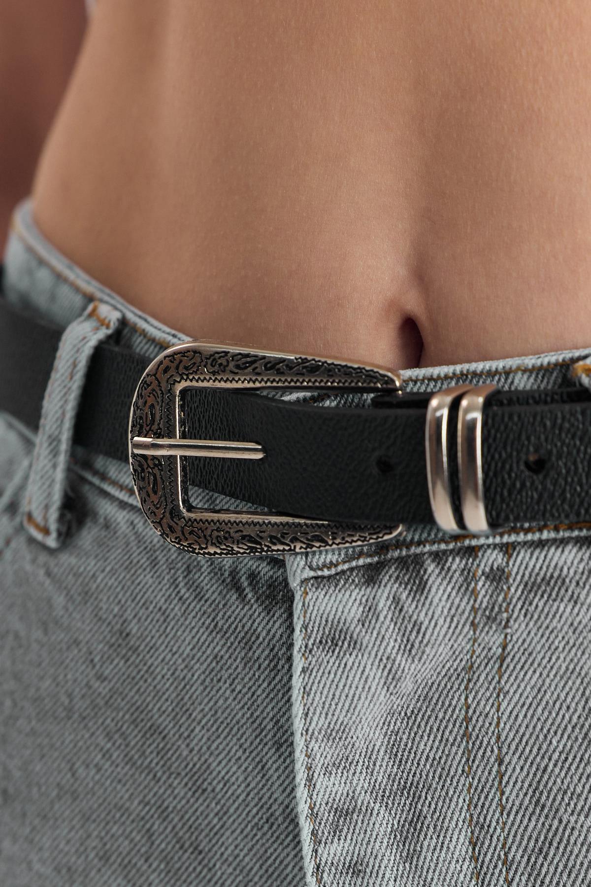 Siyah İşleme Detay Gümüş Tokalı Kemer 419 - 4