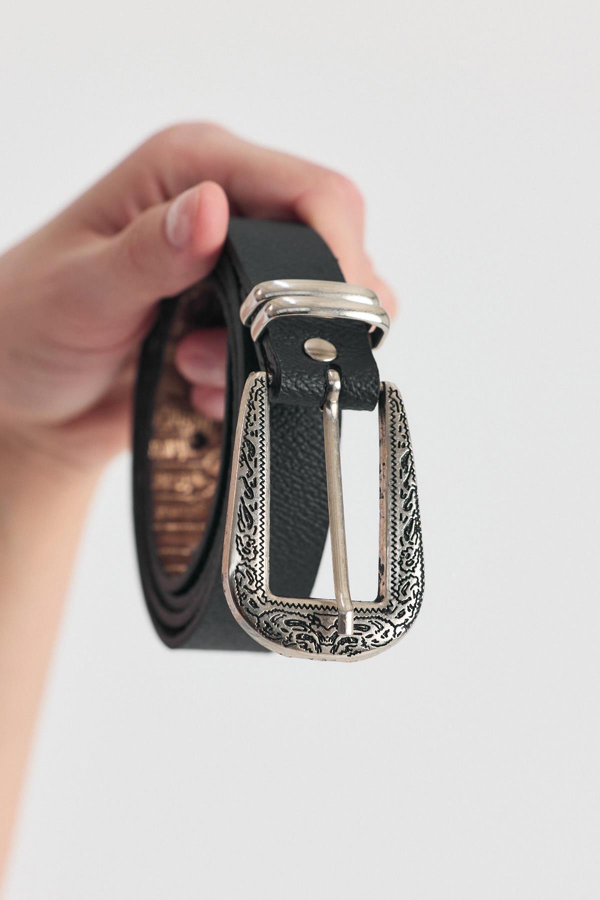 Siyah İşleme Detay Gümüş Tokalı Kemer 419 - 2