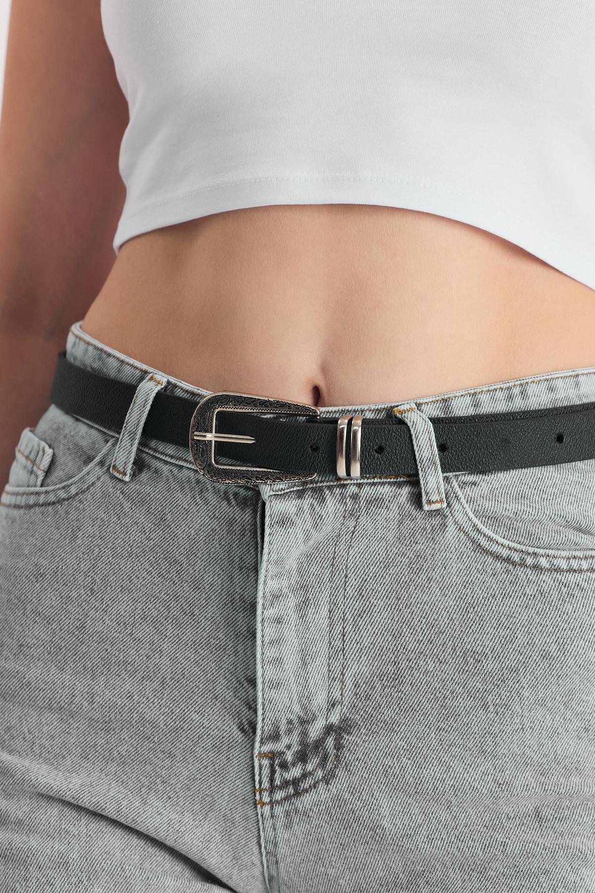 Siyah İşleme Detay Gümüş Tokalı Kemer 419 - 3