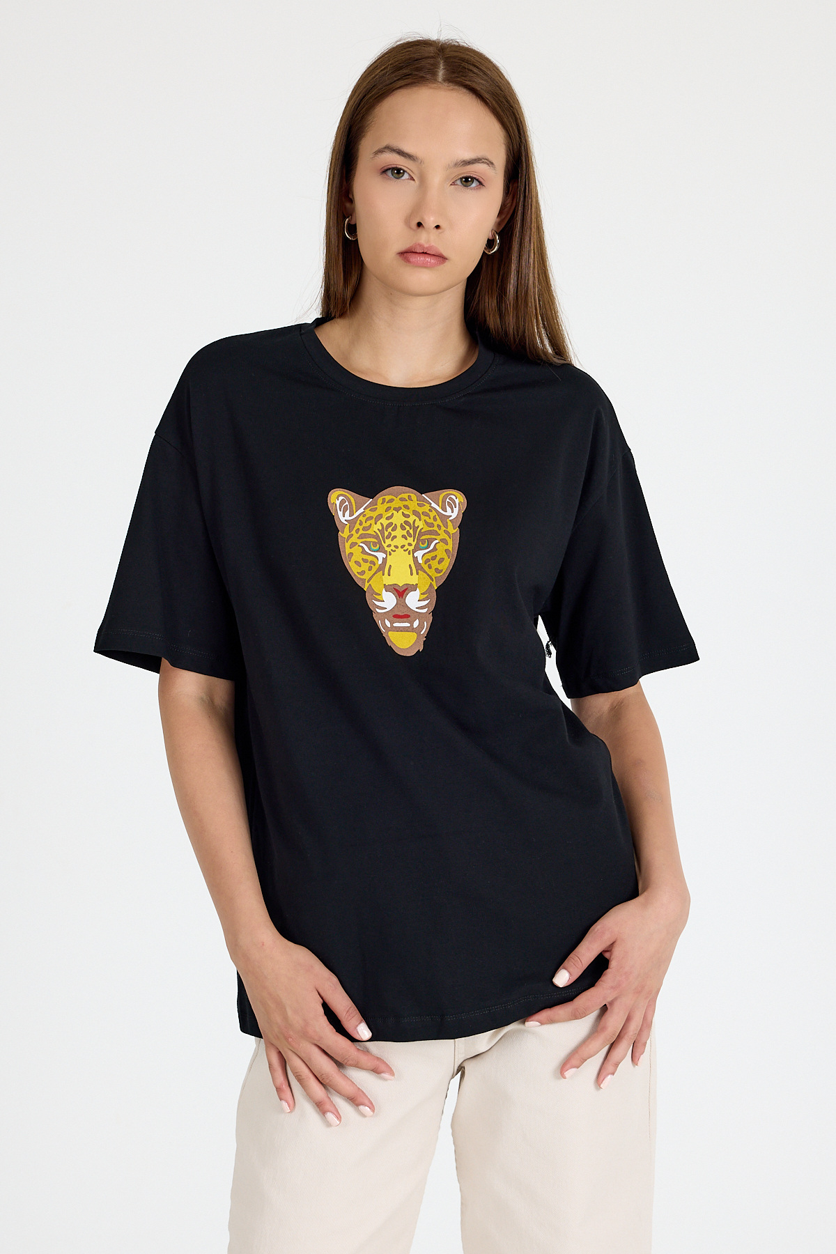 Siyah Kaplan Baskılı Oversize Tişört 6887 - 1