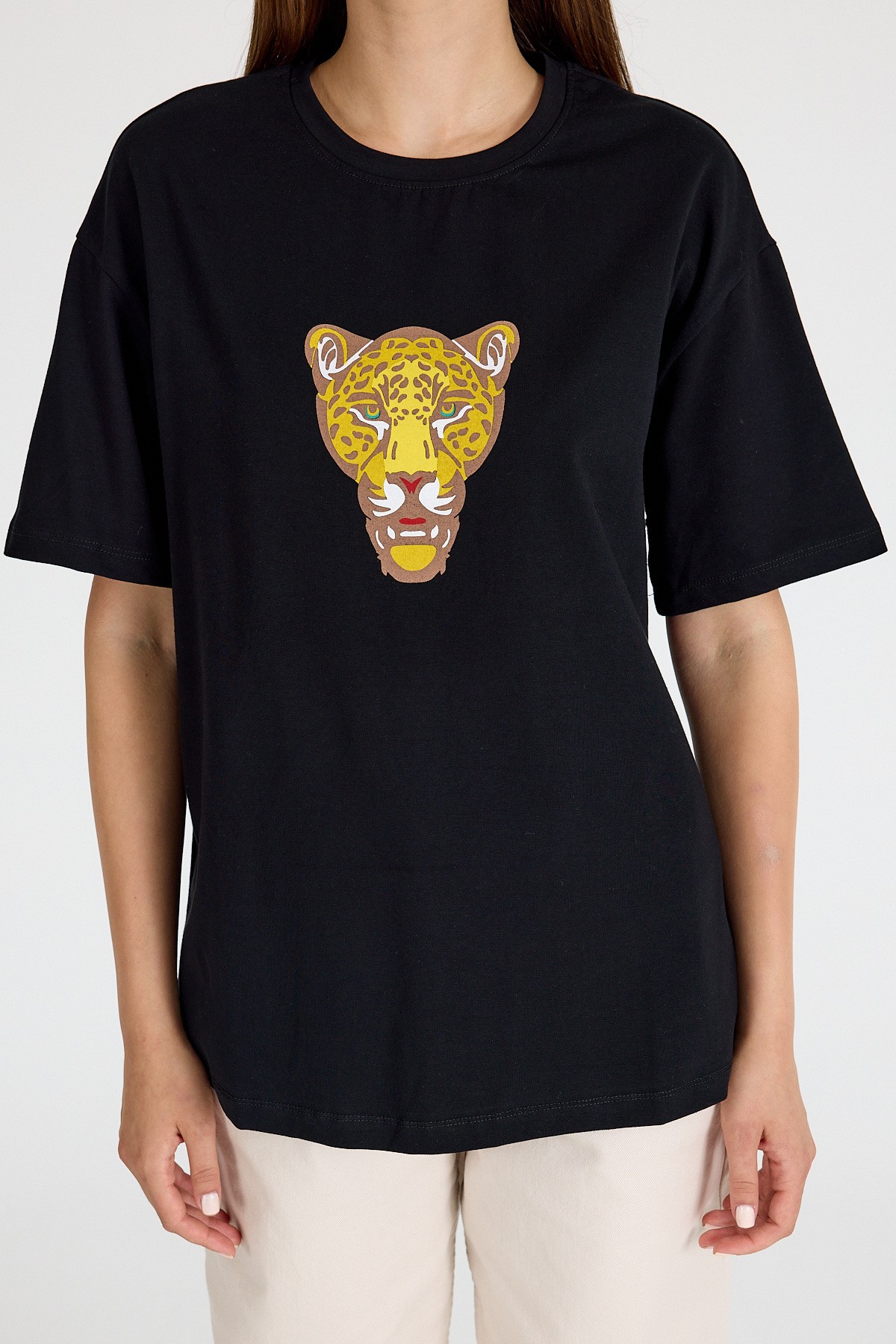 Siyah Kaplan Baskılı Oversize Tişört 6887 - RAYS (1)