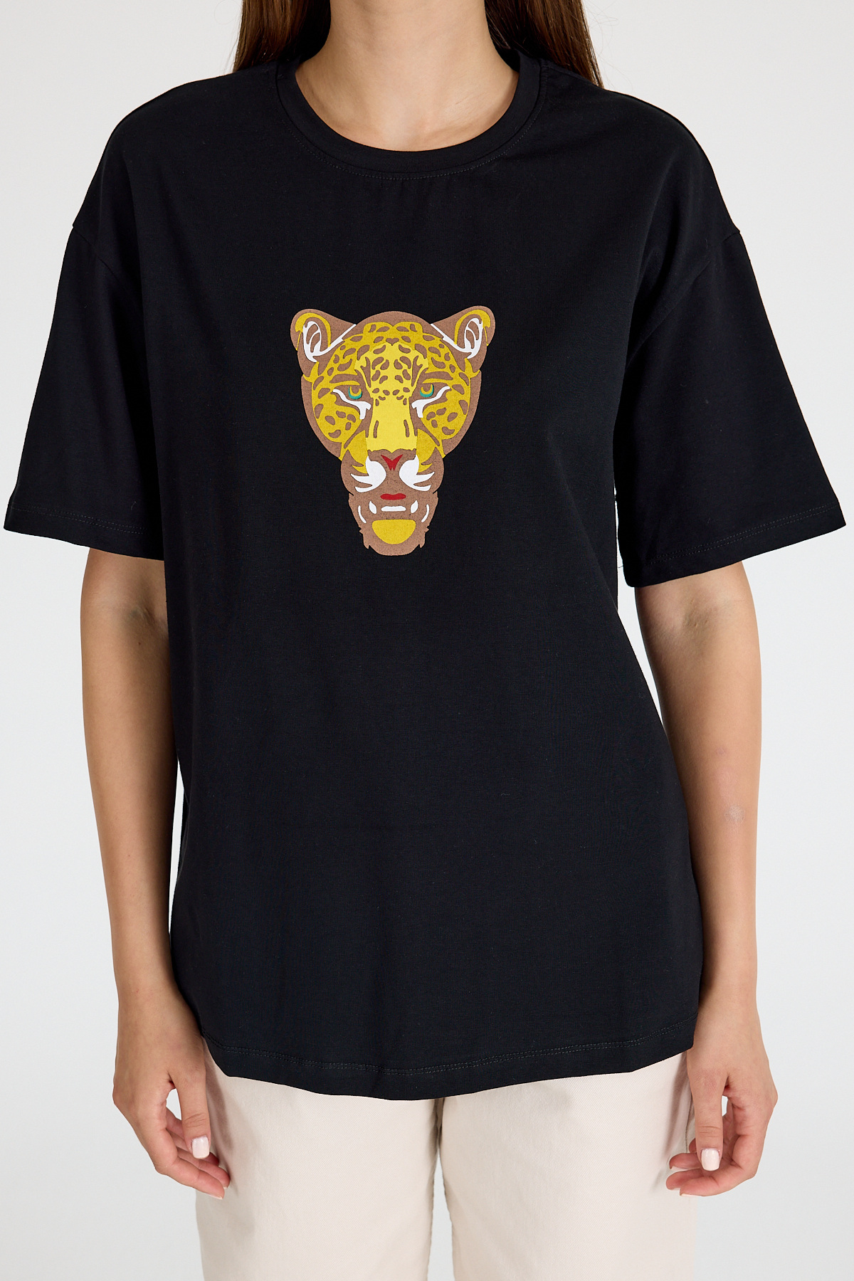 Siyah Kaplan Baskılı Oversize Tişört 6887 - RAYS