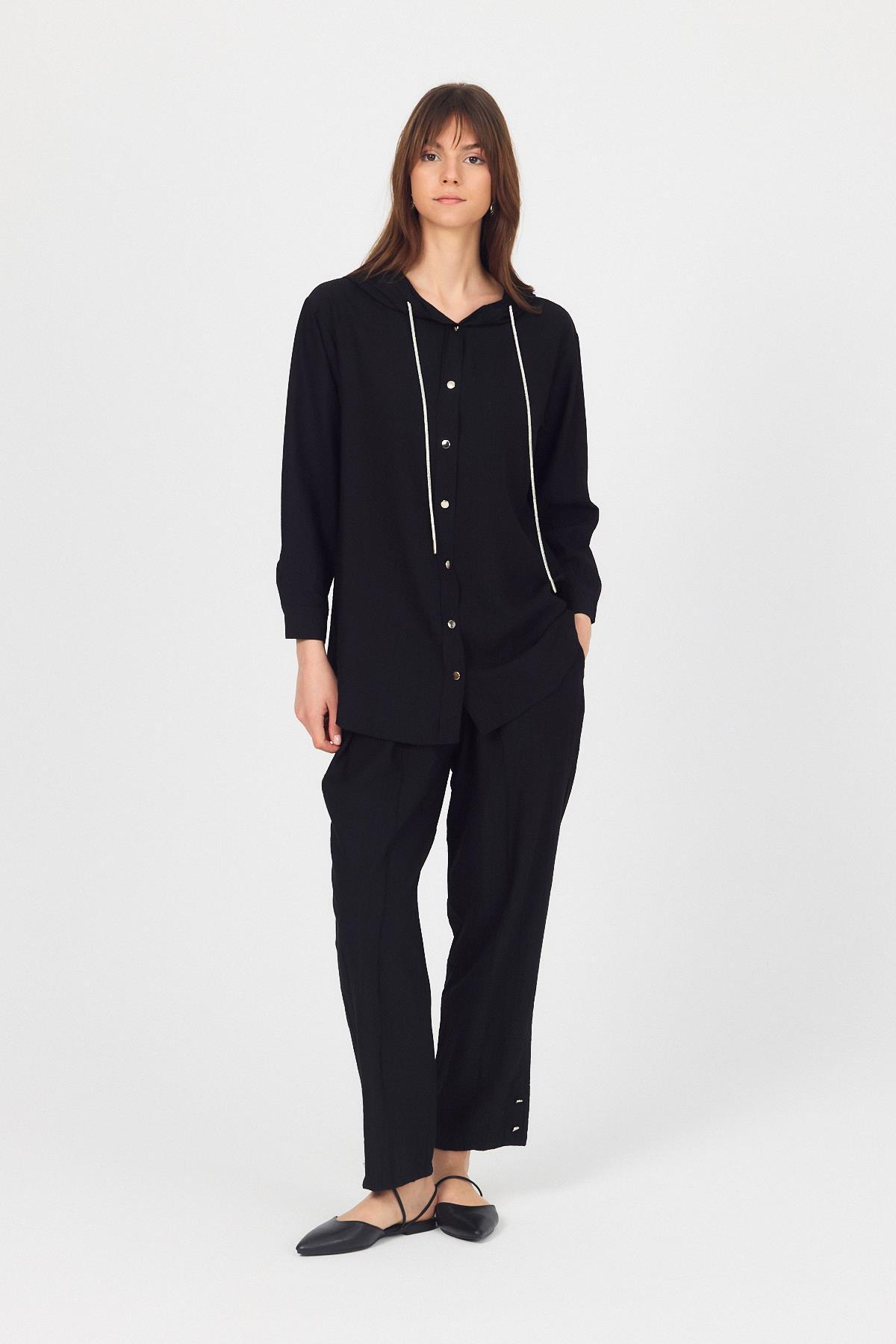 Siyah Kapüşonlu Düğmeli İkili Takım 4585A - 2