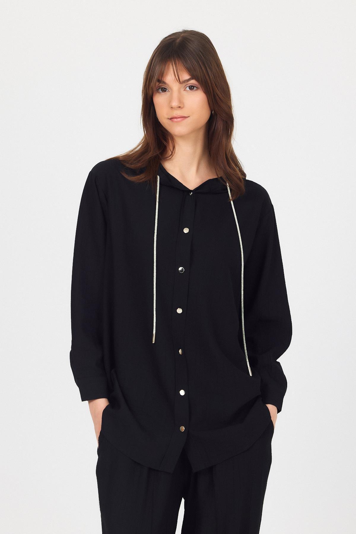 Siyah Kapüşonlu Düğmeli İkili Takım 4585A - 3