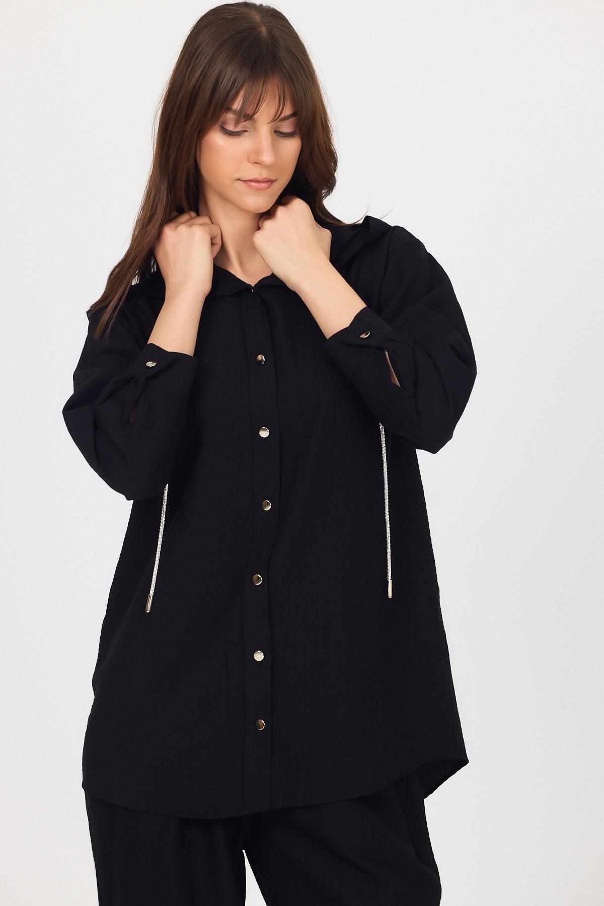 Siyah Kapüşonlu Düğmeli İkili Takım 4585A - 6