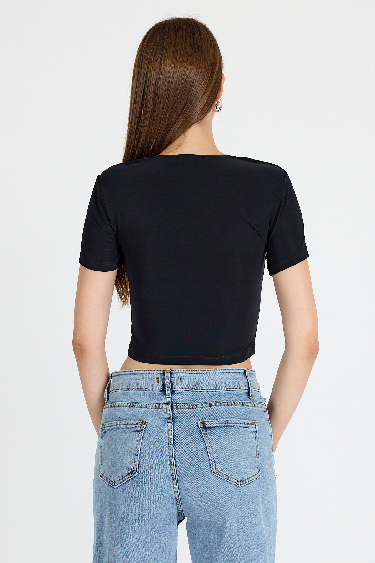 Siyah Kare Yaka V Kesim Detaylı Crop Bluz 10432 - 5