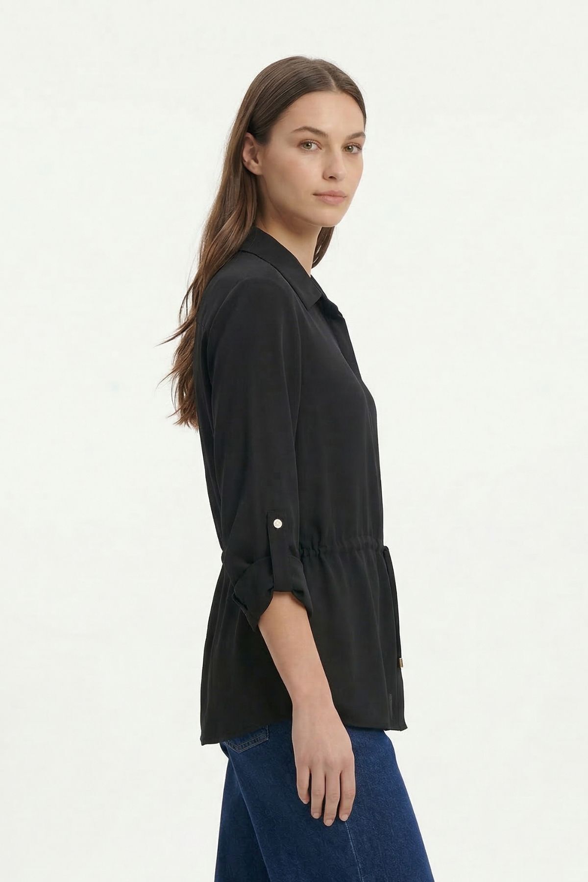 Siyah Katlamalı Kol Bel Büzgülü Gömlek 261134 - RAYS