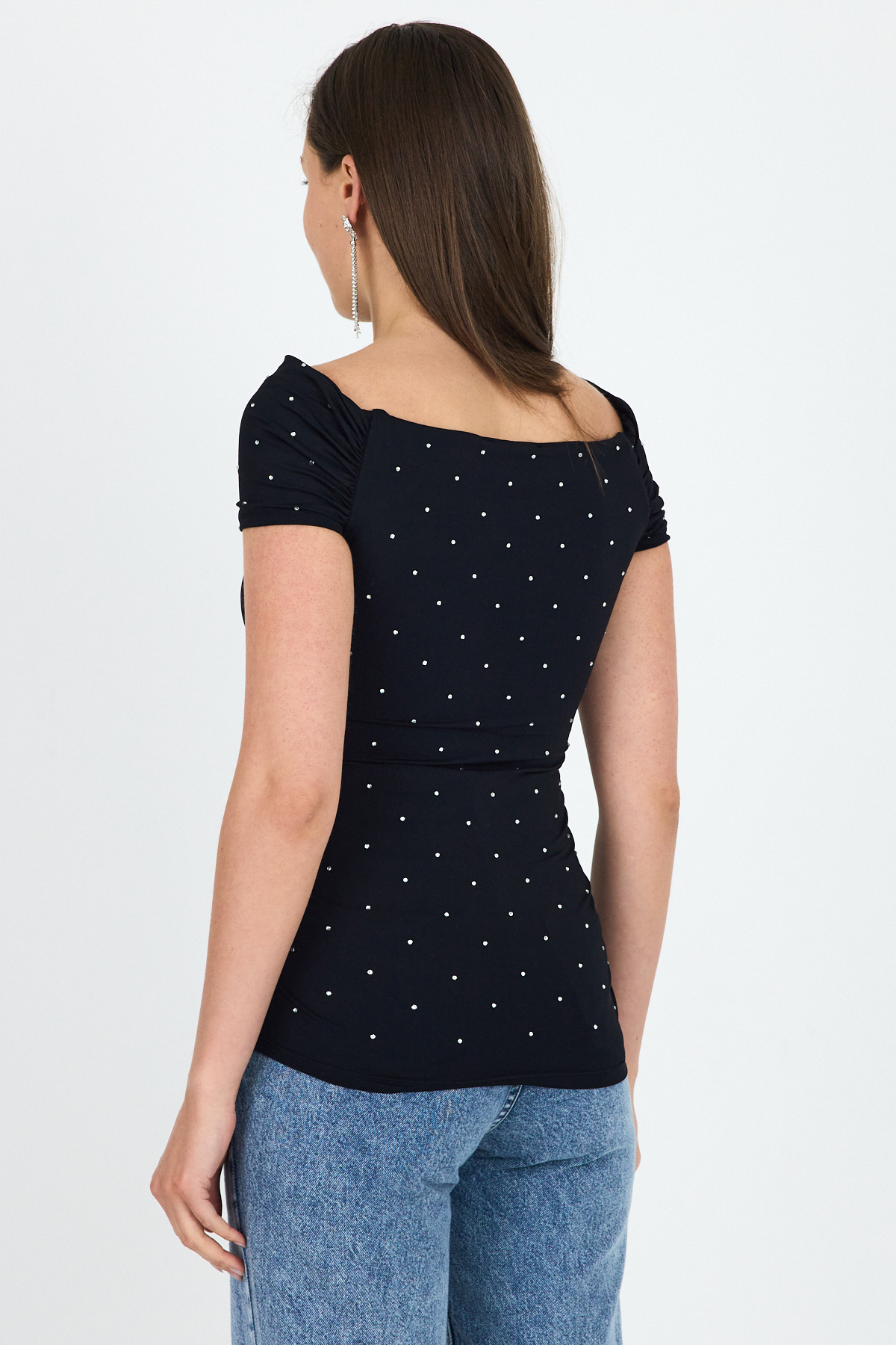 Siyah Kayık Yaka Taş Detaylı Büzgülü Bluz 2462 - 4