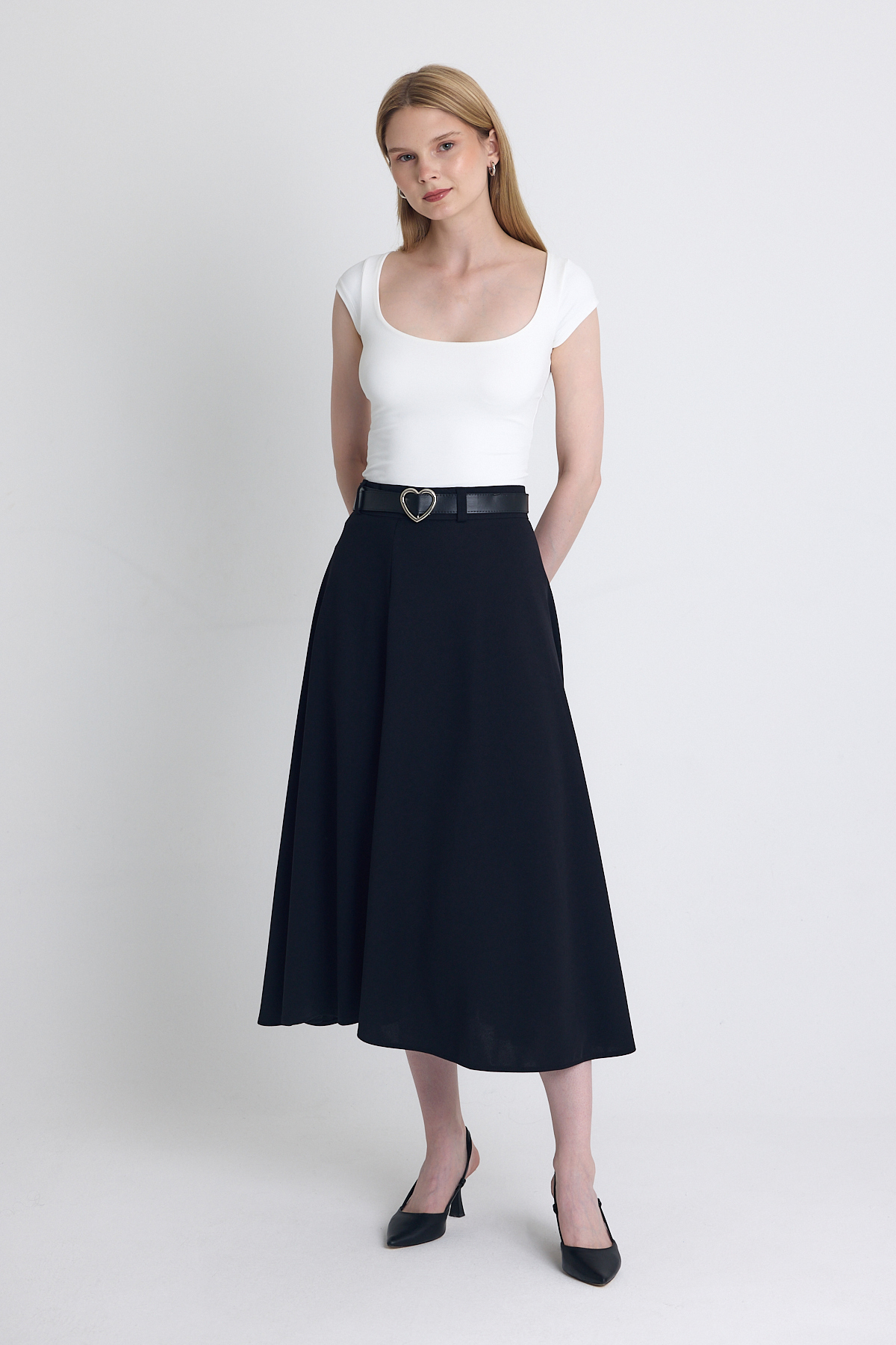 Siyah Kemerli A Kesim Midi Etek 4806A - 1