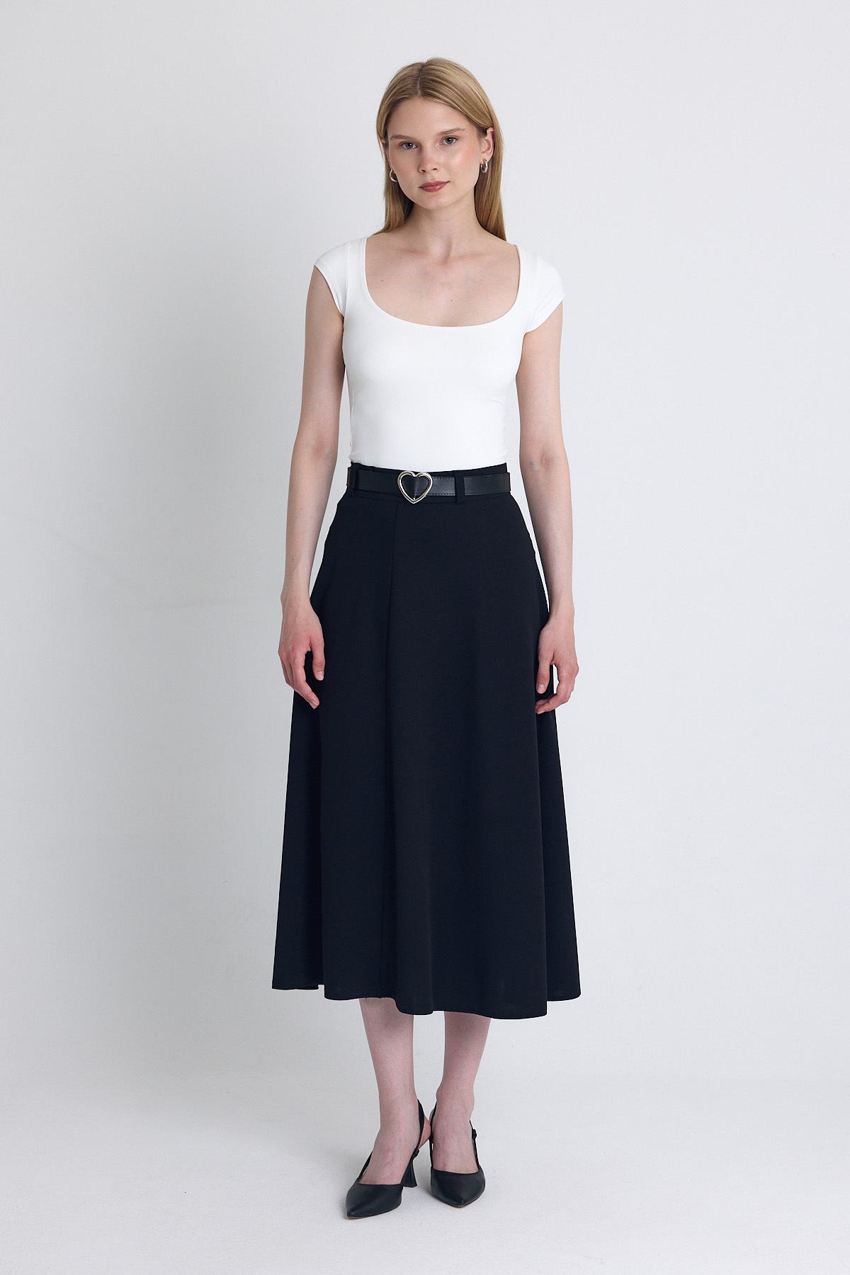 Siyah Kemerli A Kesim Midi Etek 4806A - 6