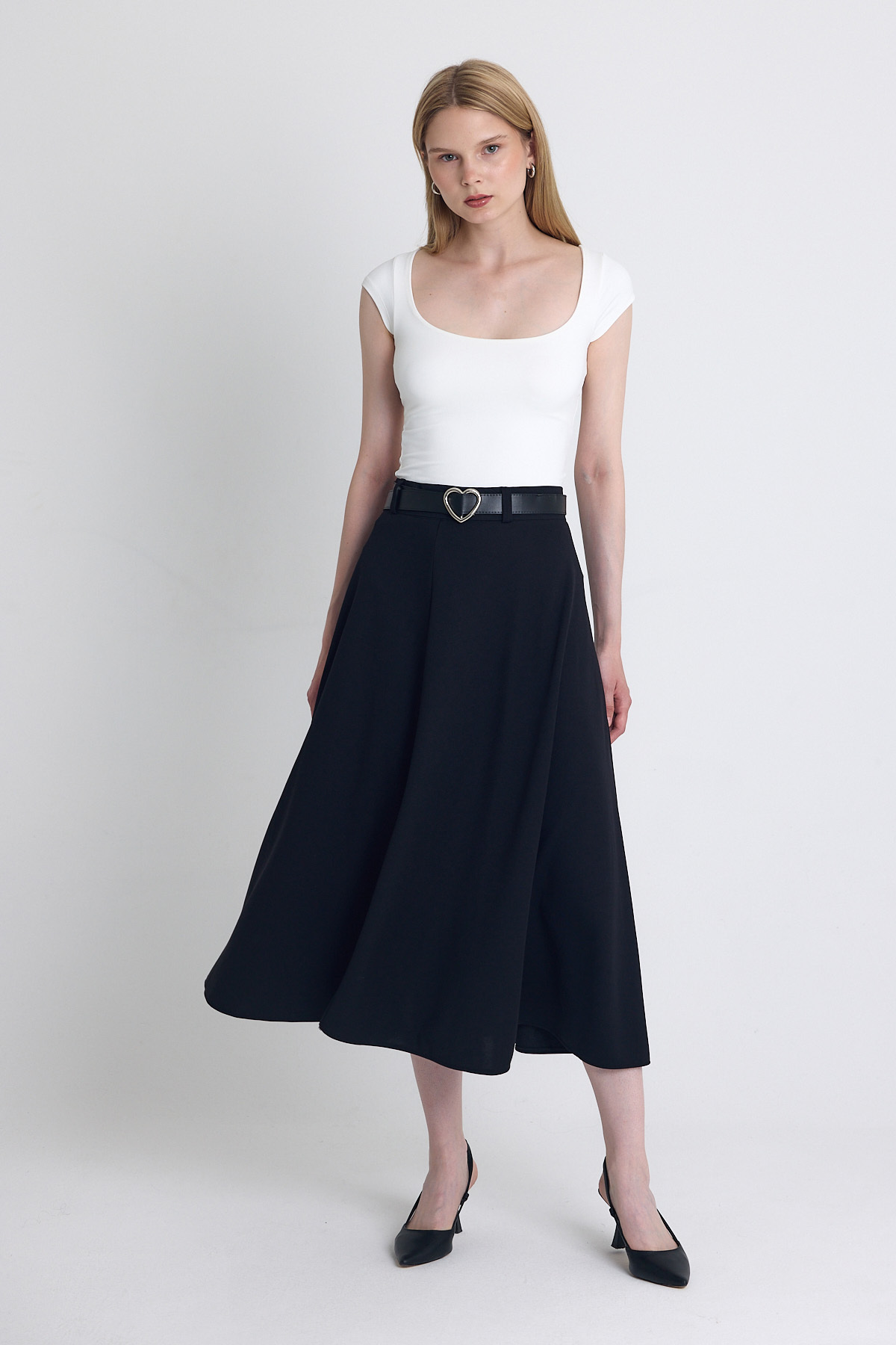 Siyah Kemerli A Kesim Midi Etek 4806A - 3