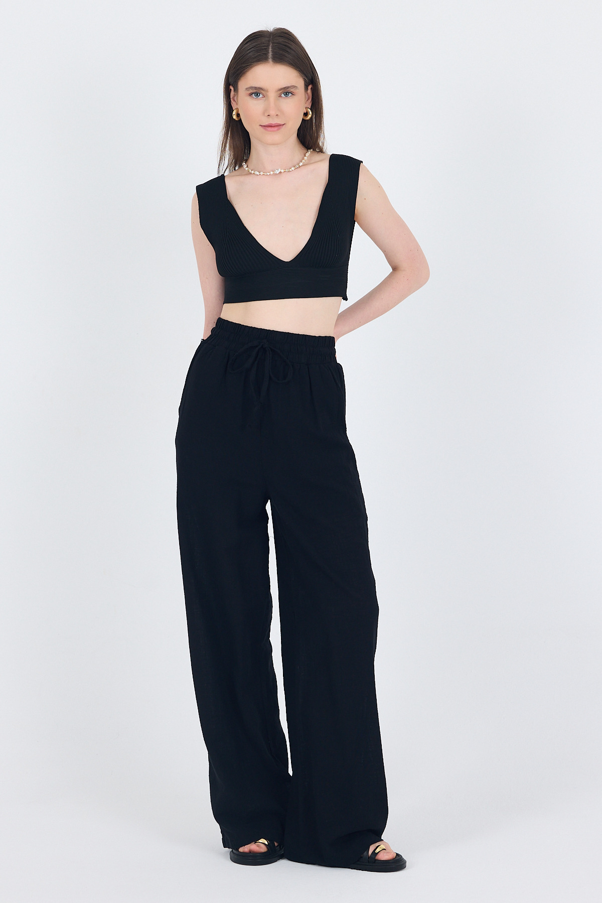 Siyah Keten Görünümlü %100 Pamuk Bol Paça Pantolon 3040 - 2